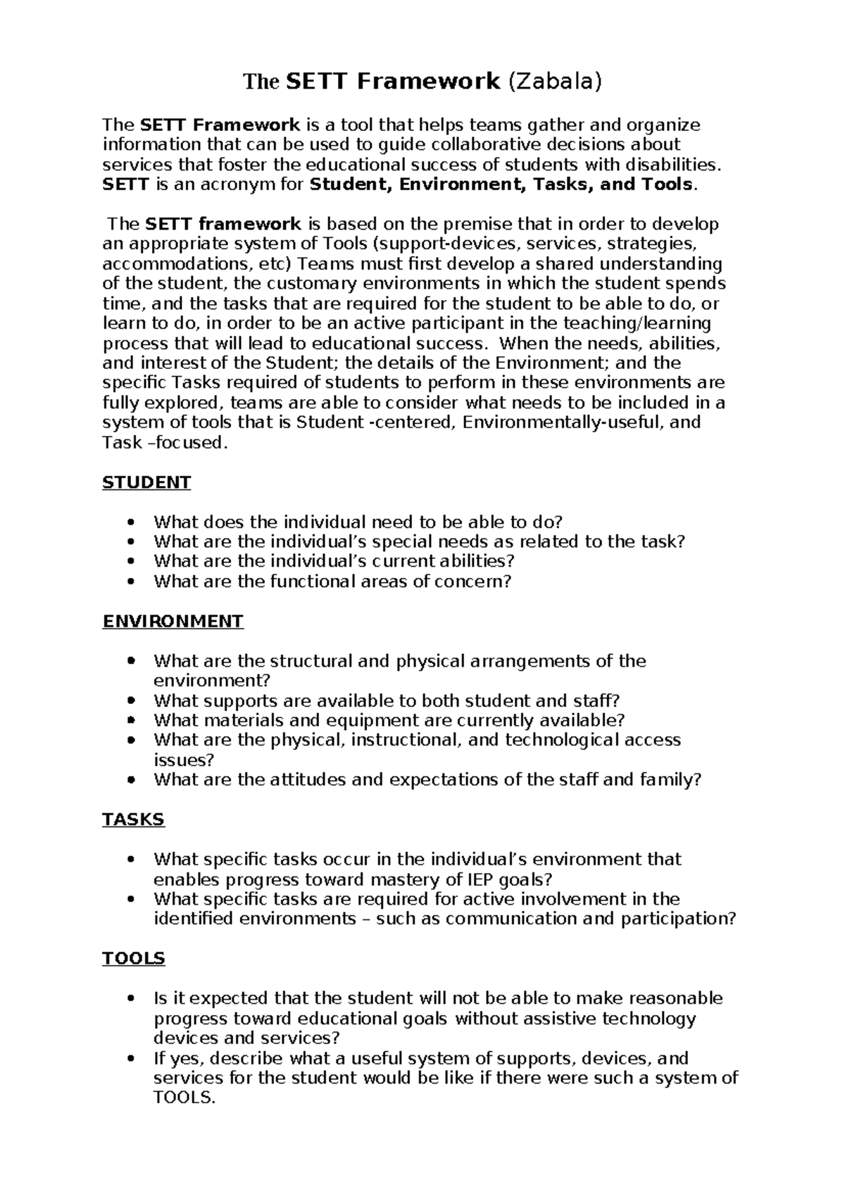 The SETT Framework for Assistive Technology (Zabala) - Studocu