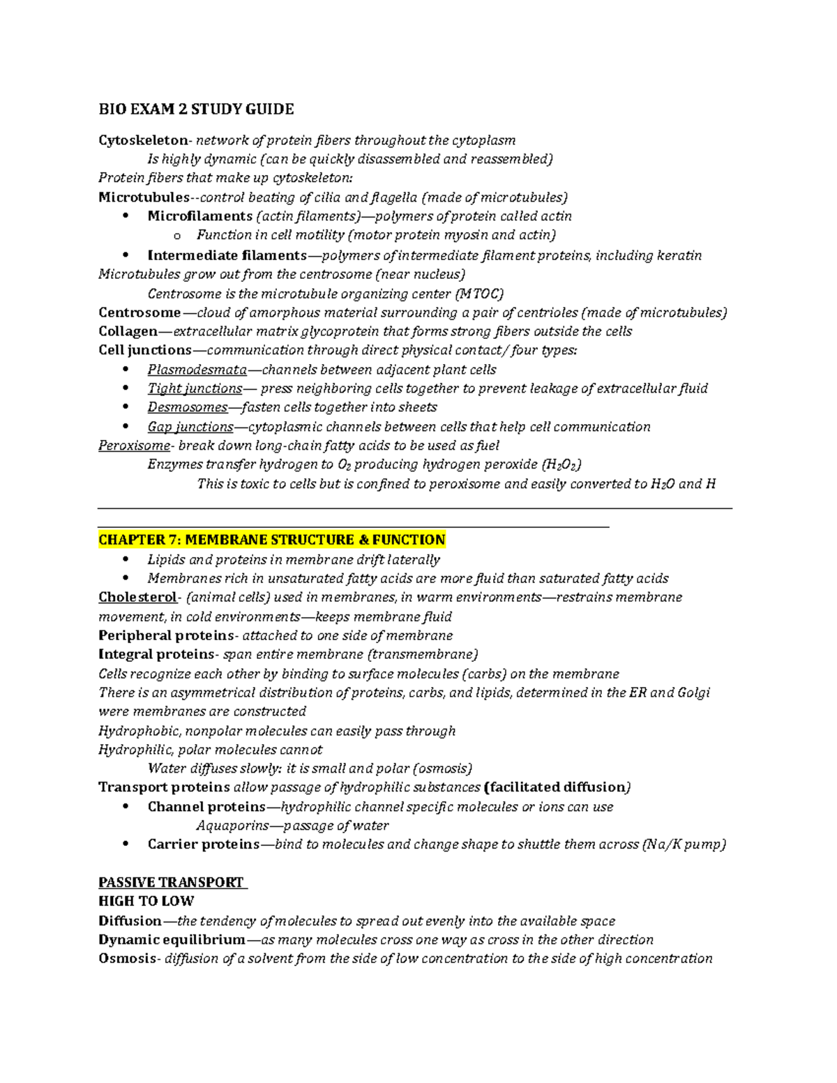 BIO 2 - Exam 2 Study Guide: Cytoskeleton, Membrane Function, & Cellular ...