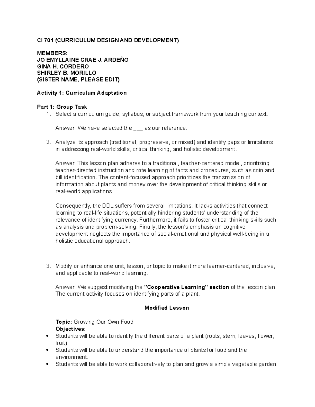 CI 701 curriculum adaptation activity 1: group task and modifications ...