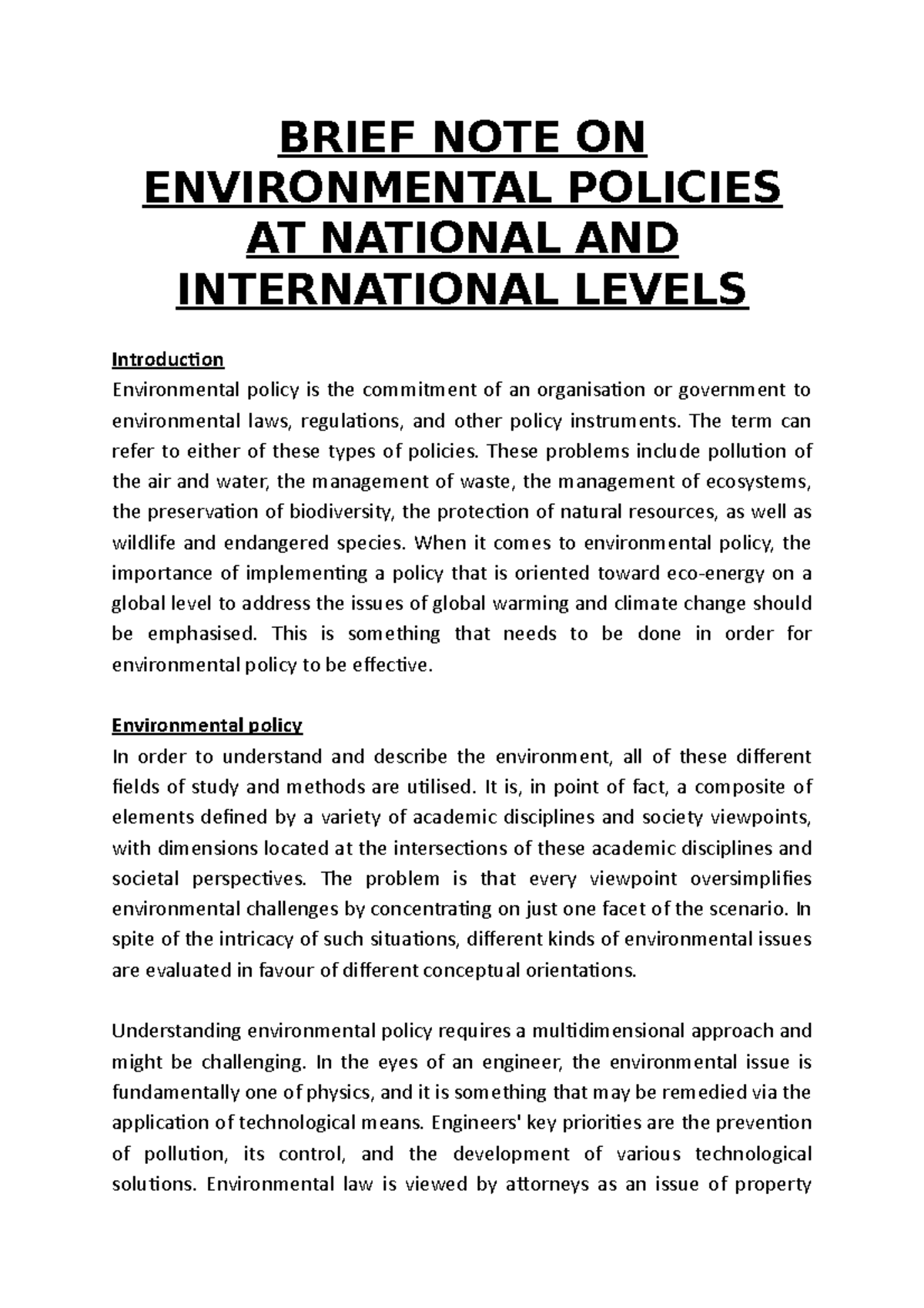 Environmental Policies: A Summary of National and International ...