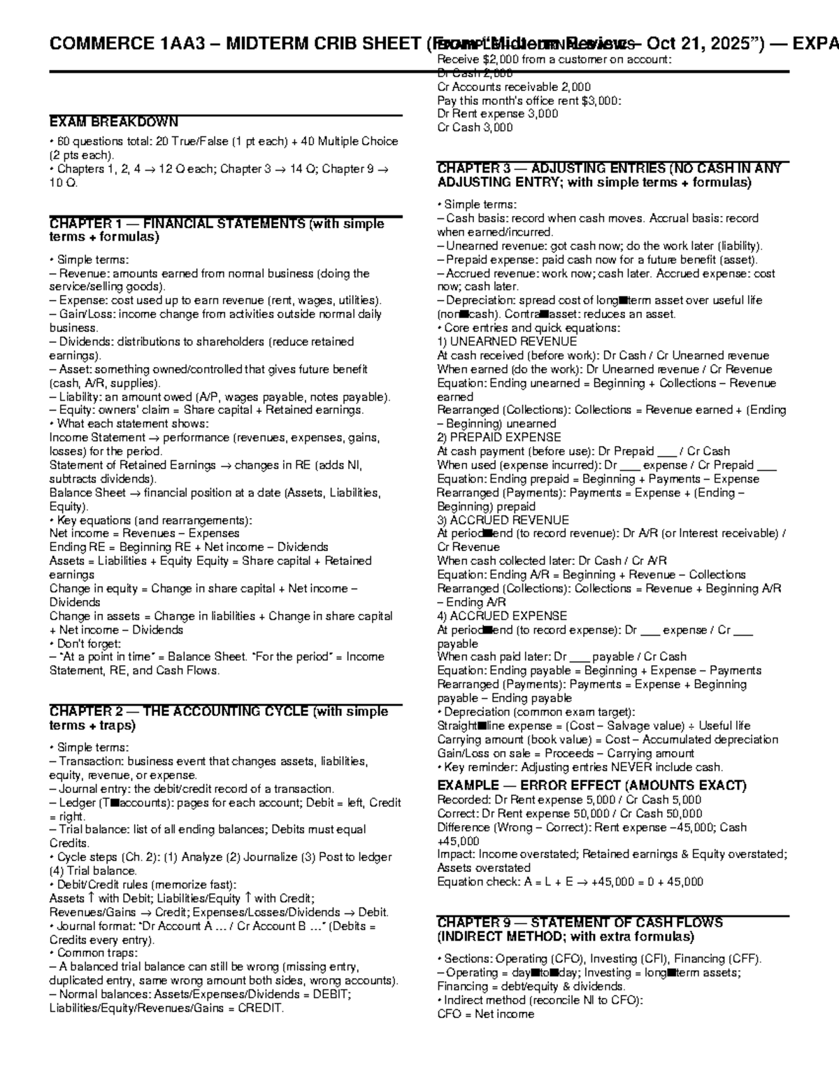 COMMERCE 1AA3 MIDTERM CRIB SHEET: Key Concepts & Formulas - Studocu
