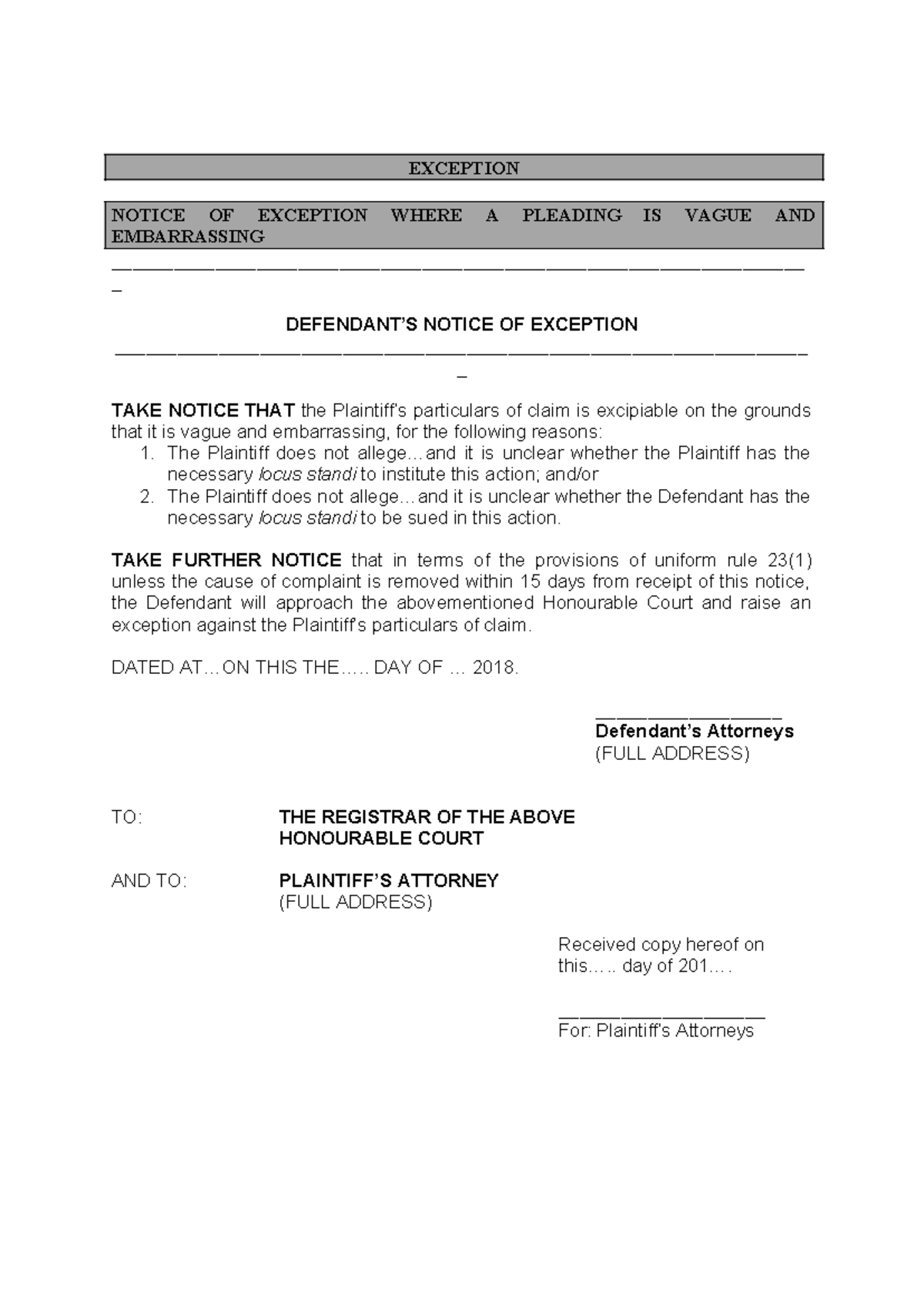 Exception & Striking Out Notice - Legal Proceedings 2018 - Studocu