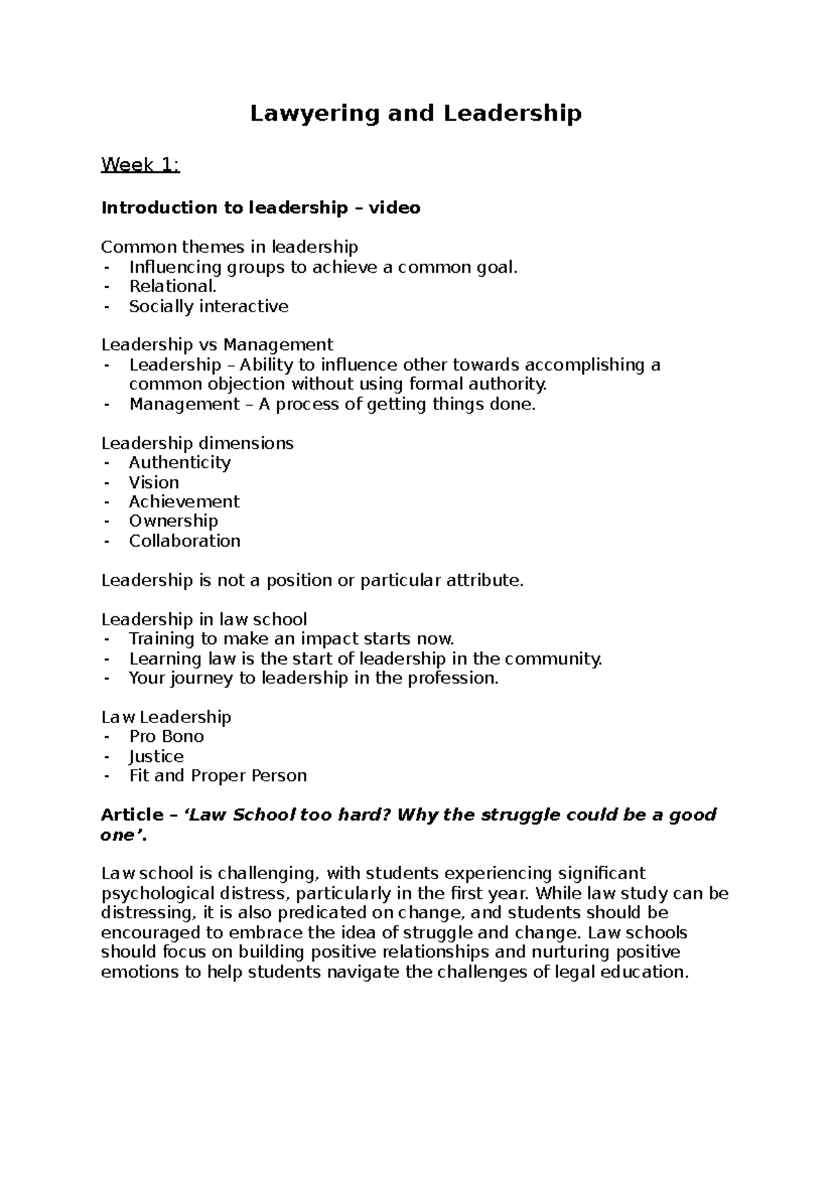 Lawyering and Leadership (LAW101): Week 1 Overview and Key Themes - Studocu