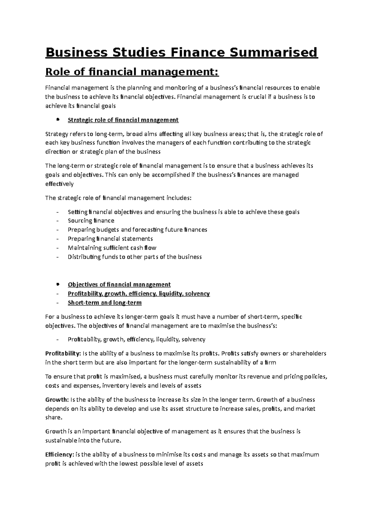 Role of financial management - Business Studies Finance Summarised Role ...
