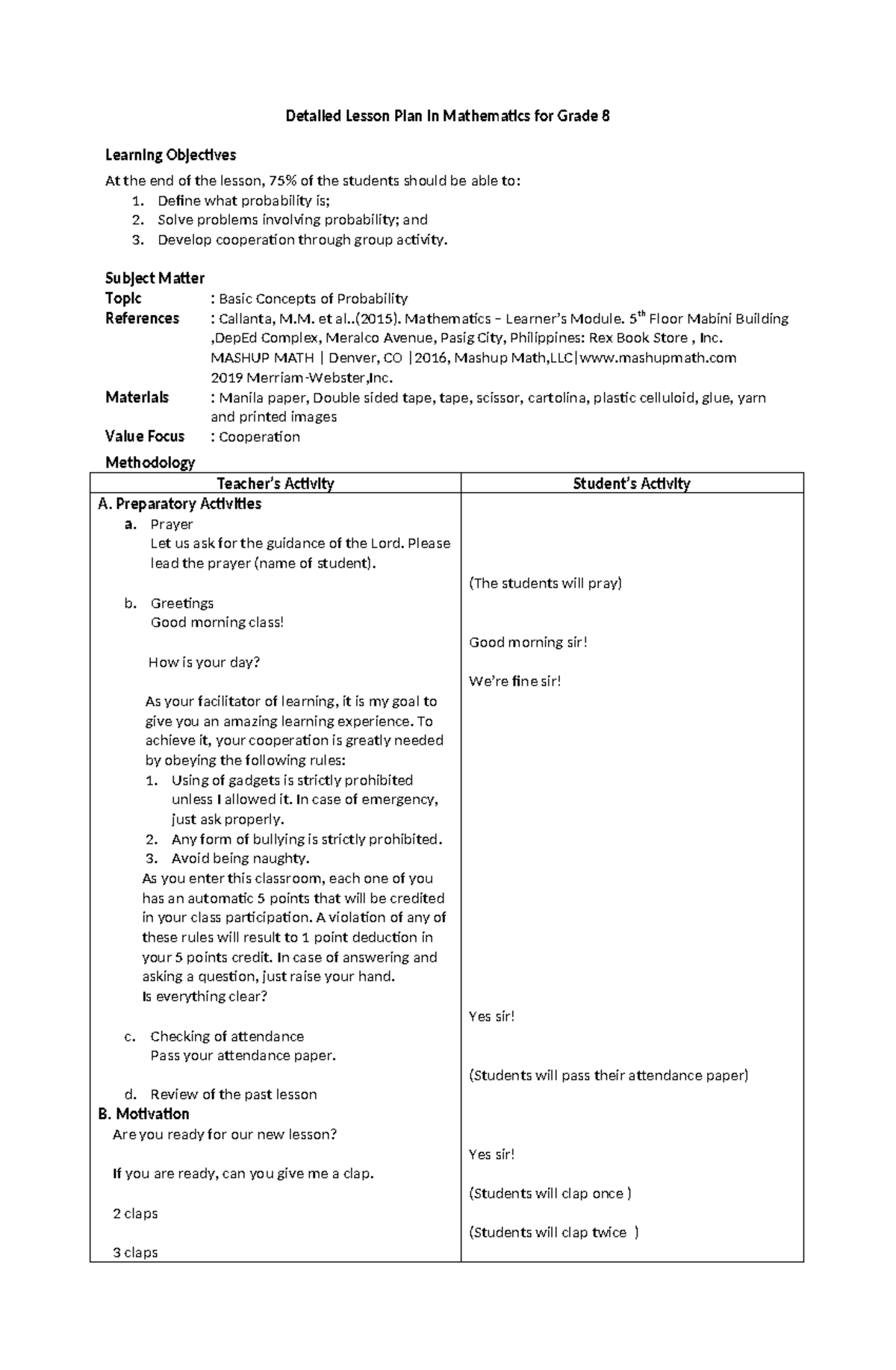 Detailed Lesson Plan in Math 425213850: Understanding Probability for ...