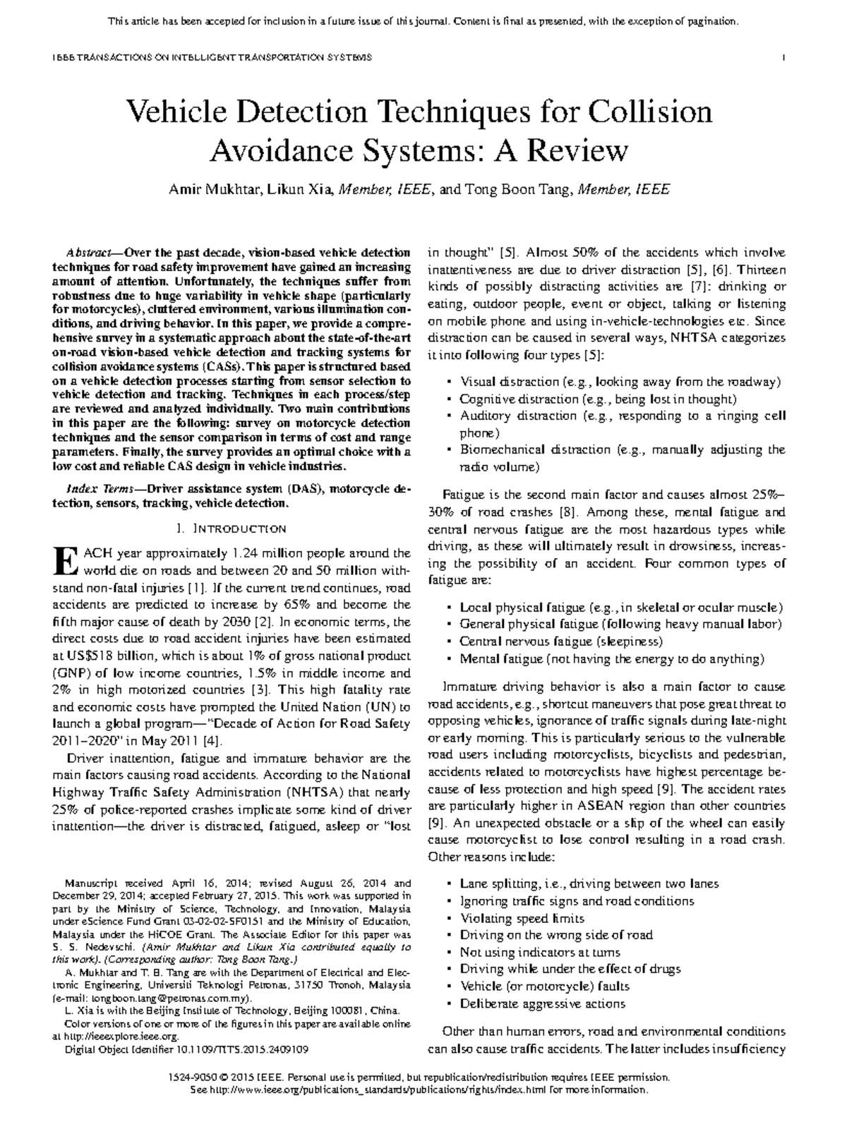 Intelligent Transportation Systems 2015: Vehicle Detection Techniques ...