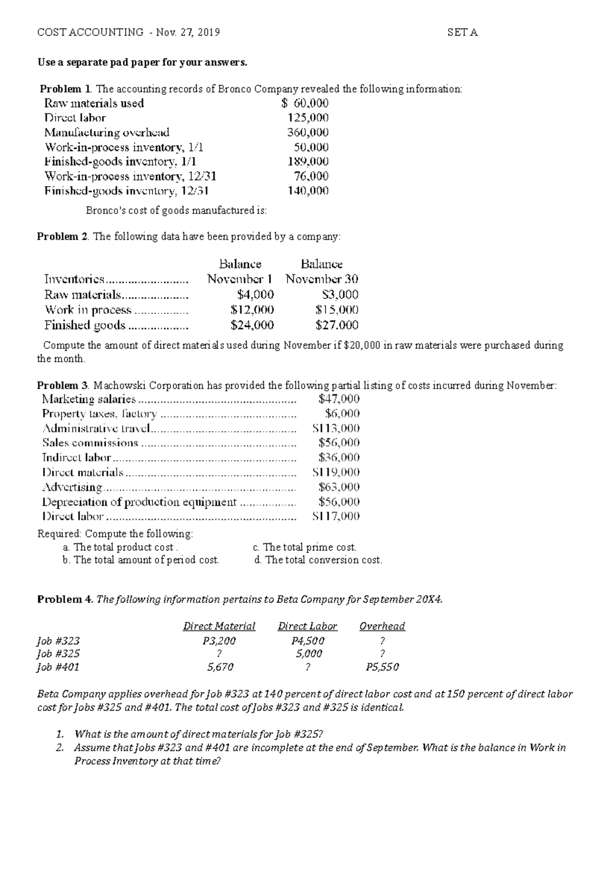 1st Quiz on Cost Accounting 2nd Sem 2019 - SET A Solutions - Studocu