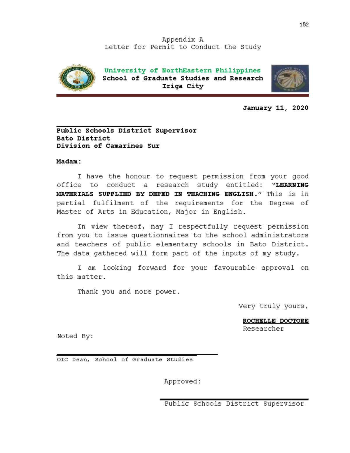 182 MA Ed Thesis Letter for Permit to Conduct Study - Studocu