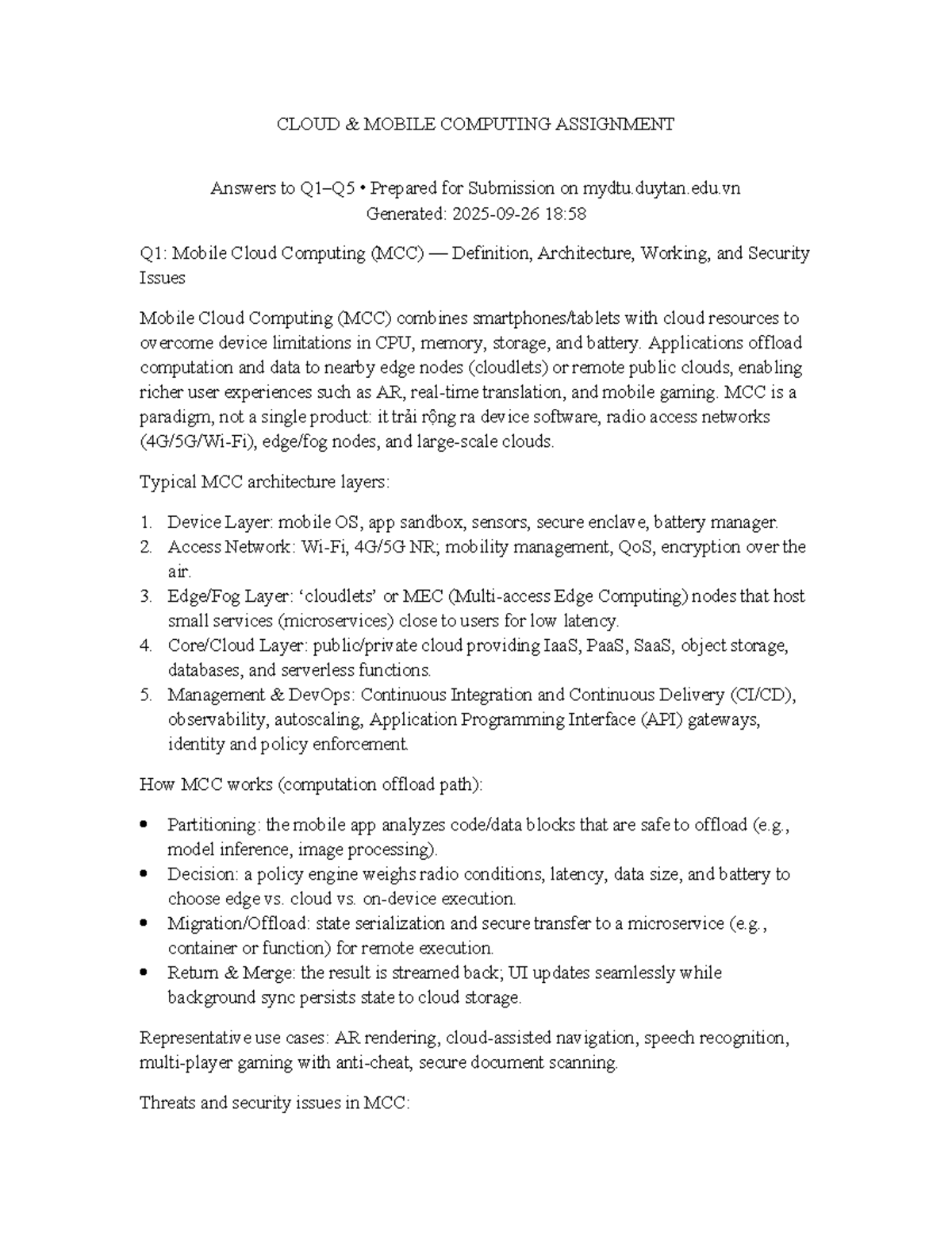 CLOUD MOBILE COMPUTING ASSIGNMENT: Key Concepts & Security Issues - Studocu