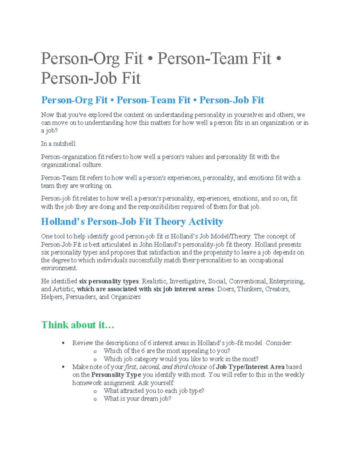 Understanding Fit: Personality and Job Alignment in Organizations - Studocu