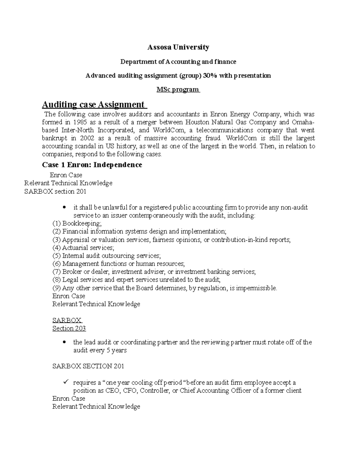 Auditing Case Assignment - Enron & WorldCom Professional Responsibility ...