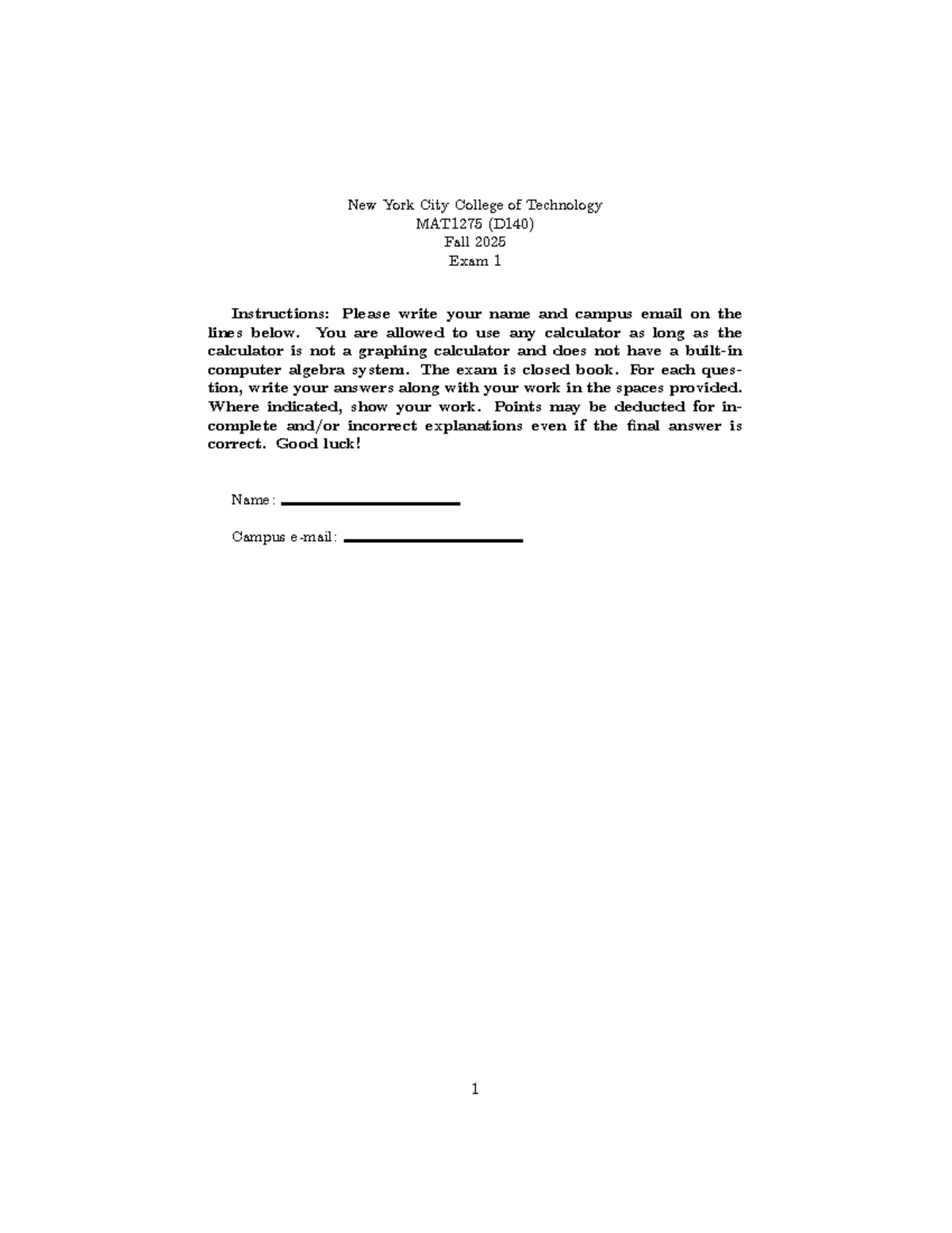 MAT1275 (D140) Fall 2025 Exam 1: Polynomial Evaluation & Exercises ...