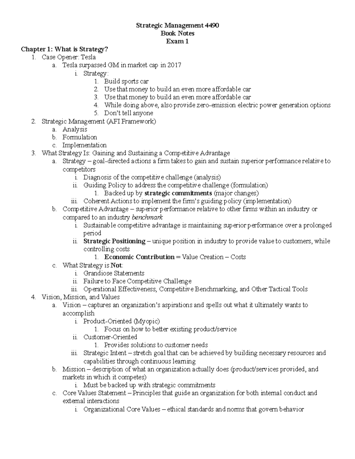 Strategic Management 4490 - Exam 1 Book Notes Overview and Key Concepts ...