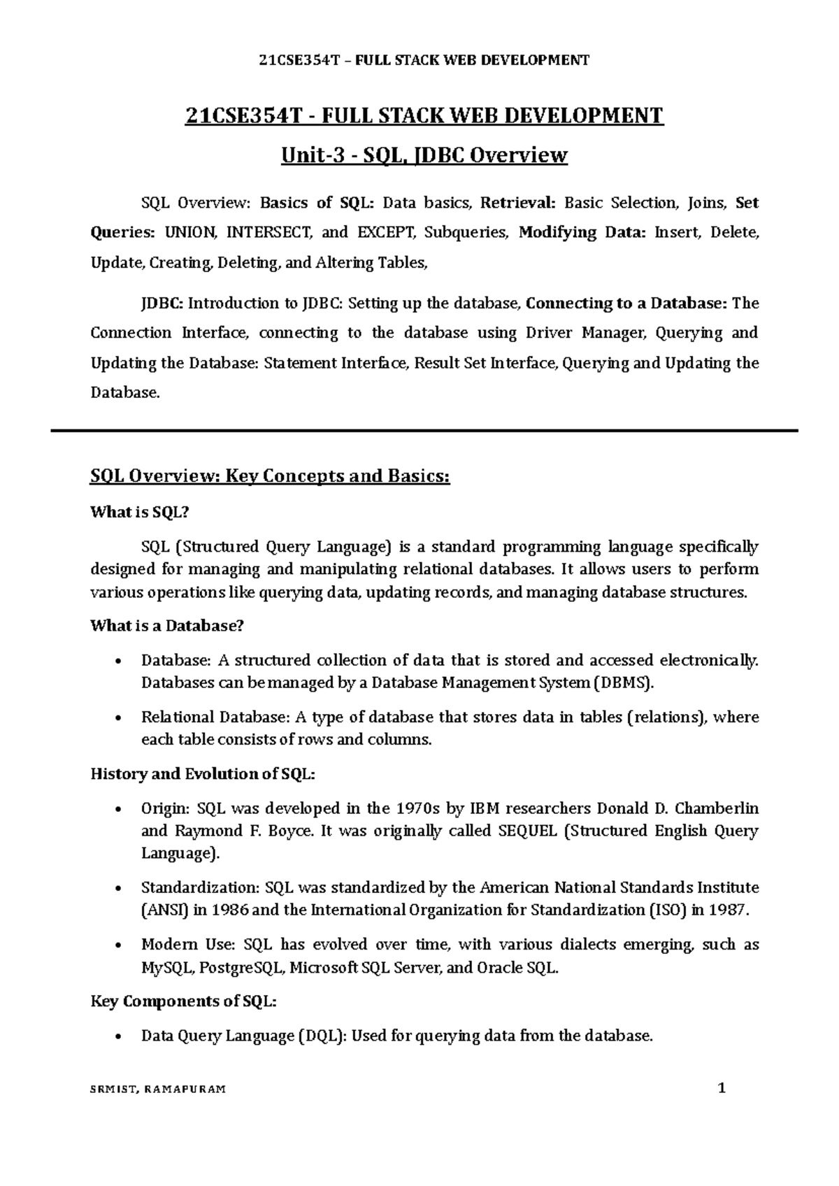 Unit 3 - NOTES - 21CSE354T - FULL STACK WEB DEVELOPMENT Unit- 3 - SQL ...