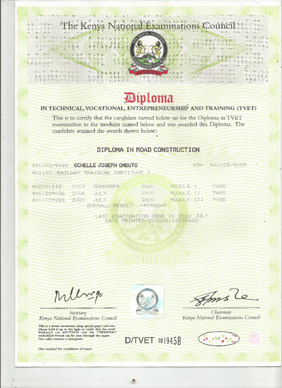 DRO KNEC Diploma in TVET Examination Results - Ochelle Joseph Onduto ...