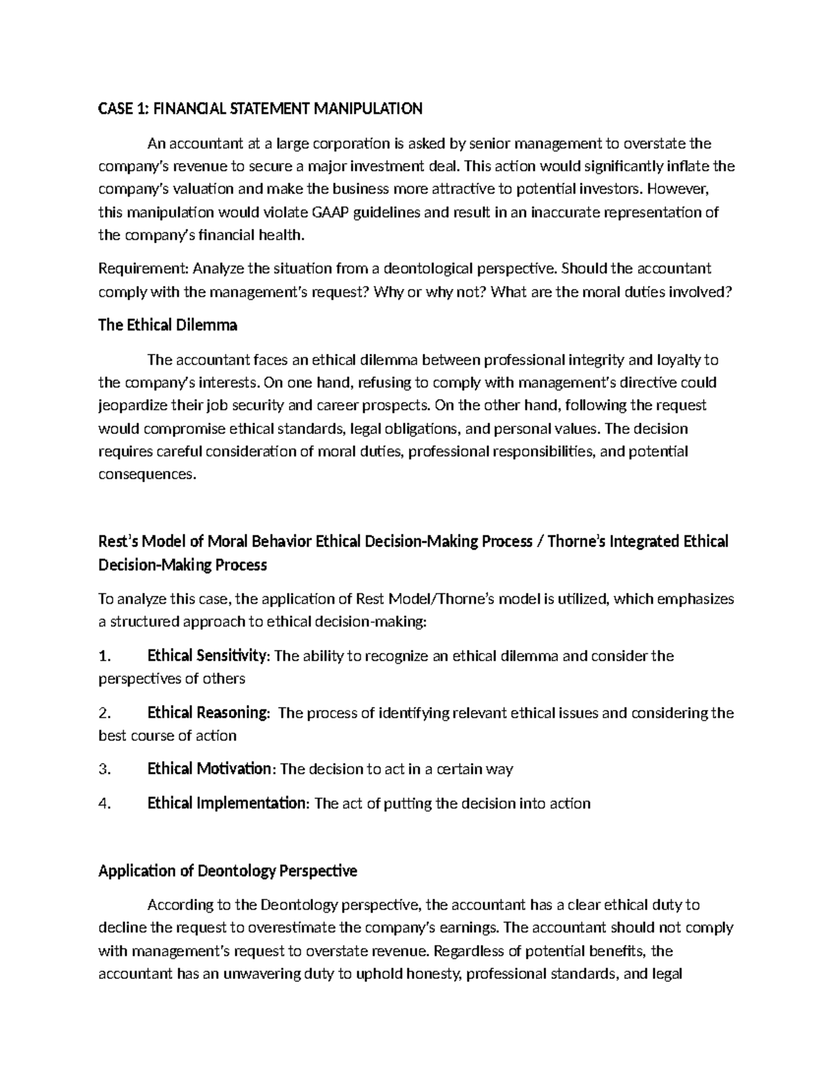 CASE 1: Ethical Analysis of Financial Statement Manipulation - Studocu