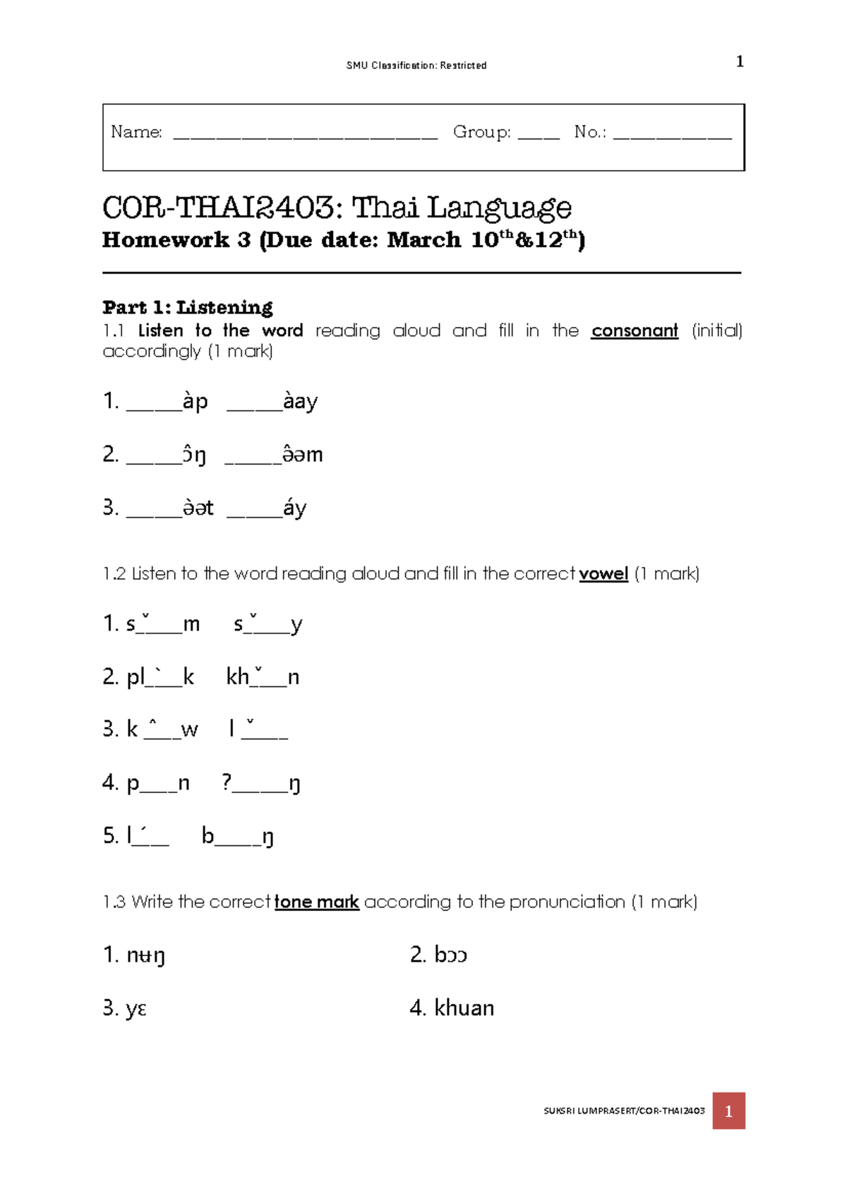 Thai Language Homework 3 (HW 3) - Listening & Reading Tasks - Studocu