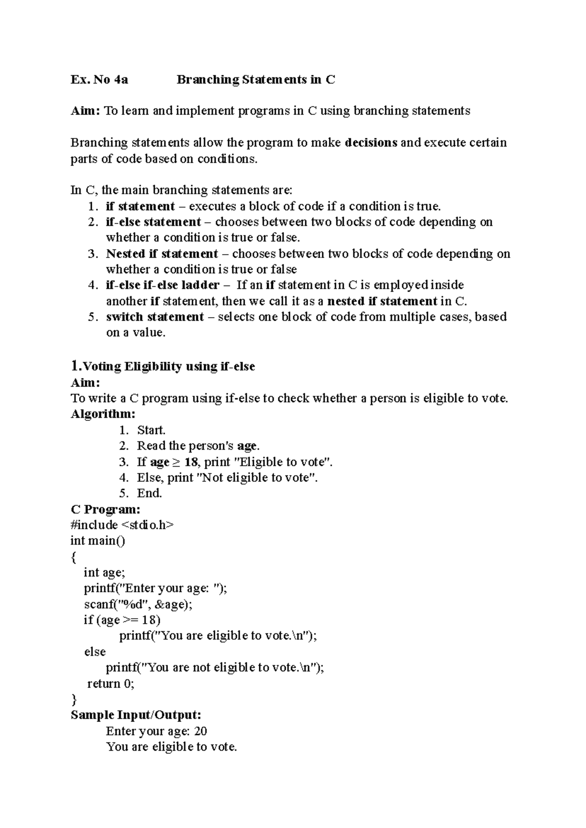 Ex. No 4a: Implementing Branching Statements in C Programming - Studocu
