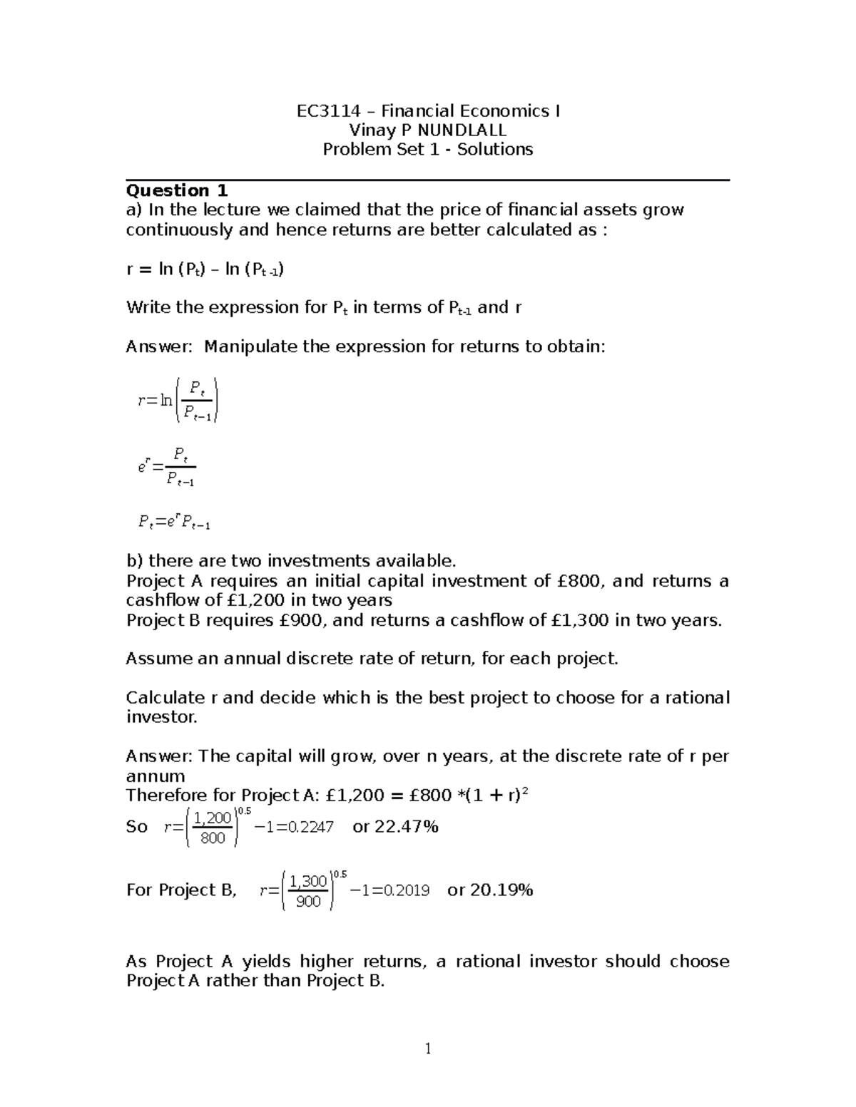 EC3114 Fall Financial Economics I Problem Set 1 Solutions - Studocu