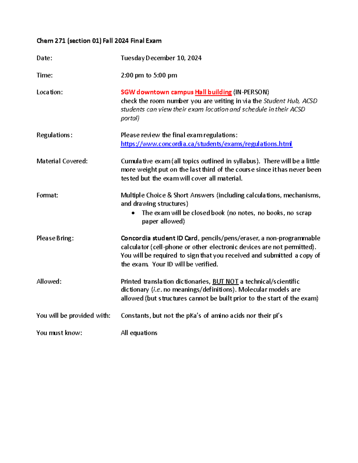 Chem 271 (Sec 01) Fall 2024 Final Exam Guidelines and Details - Studocu
