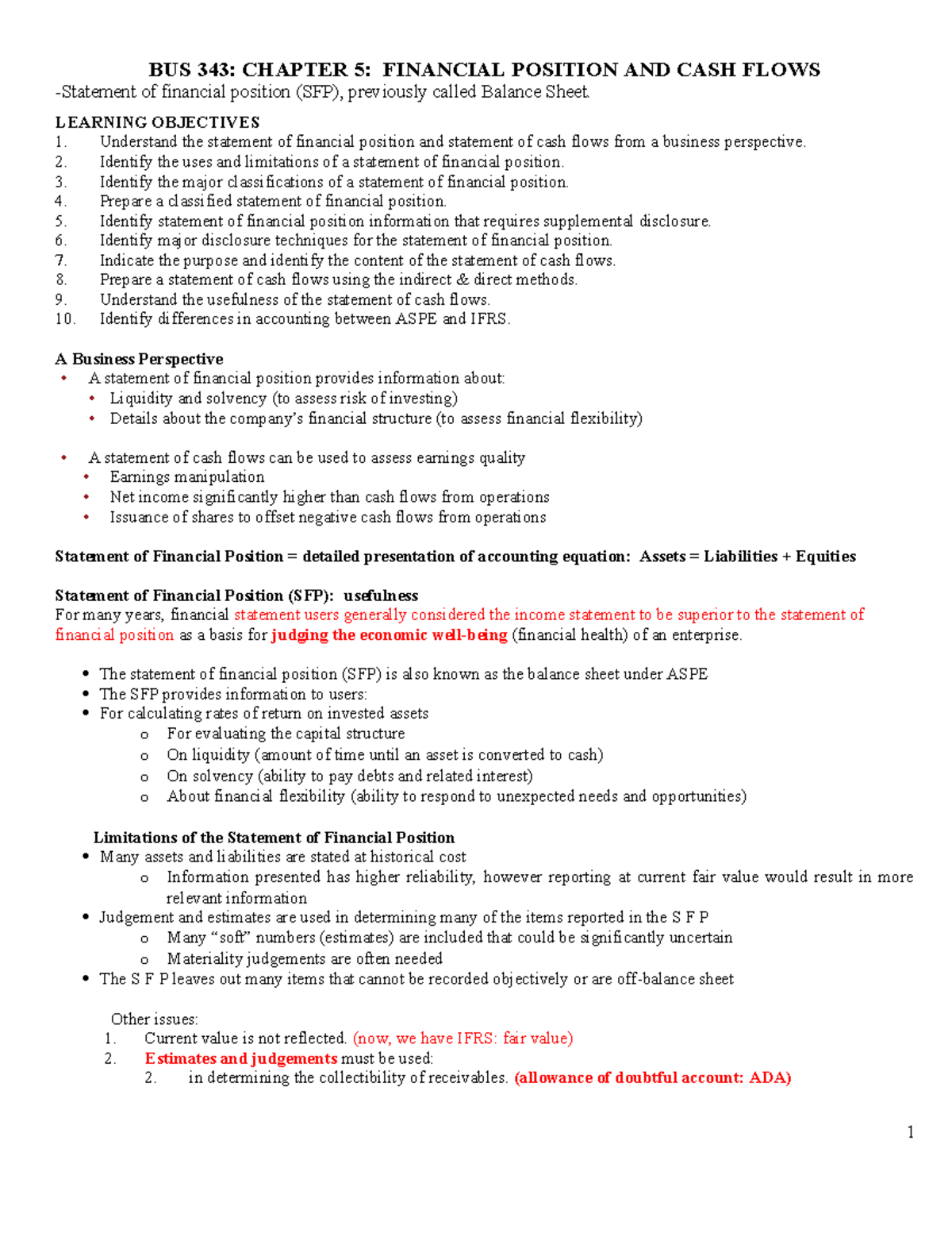 BUS 343: CHAPTER 5 LECTURE NOTES ON FINANCIAL POSITION & CASH FLOWS ...