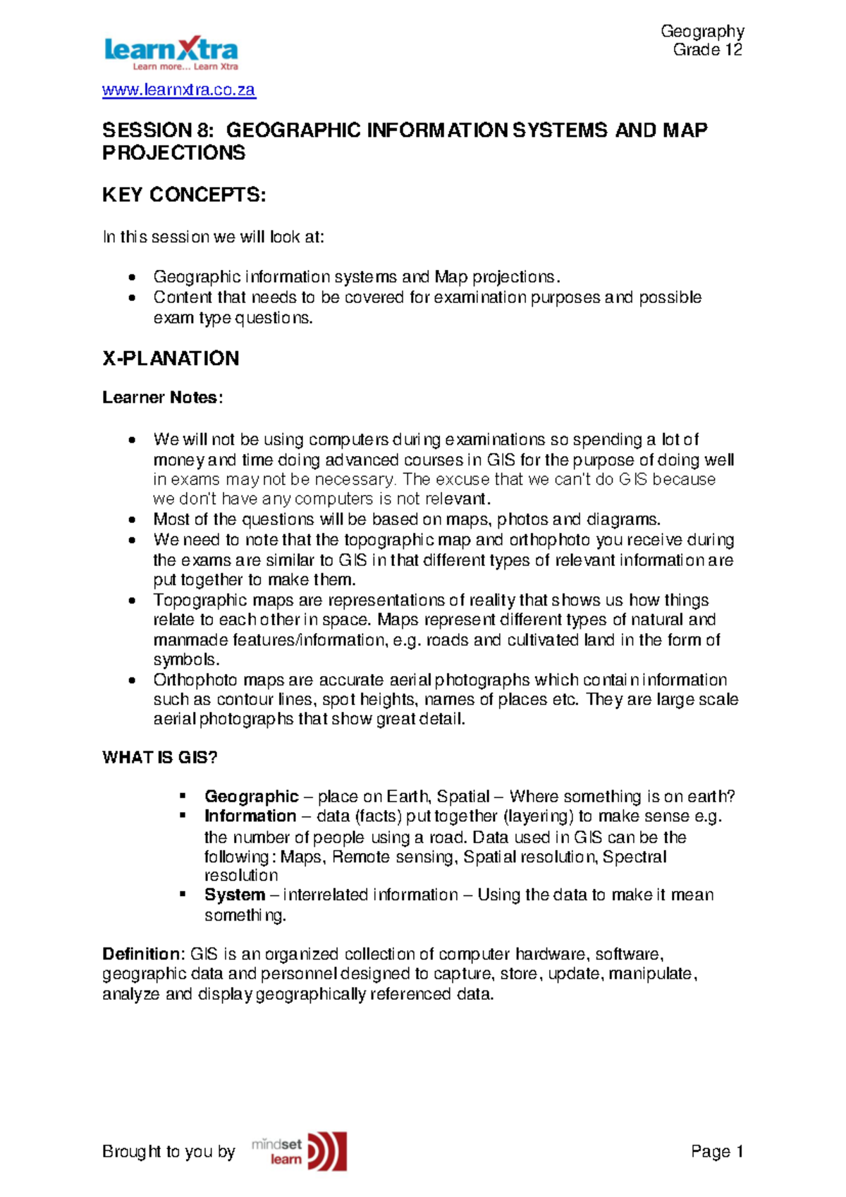 GIS - Key Concepts and Map Projections for Grades 10-12 Exam Prep - Studocu