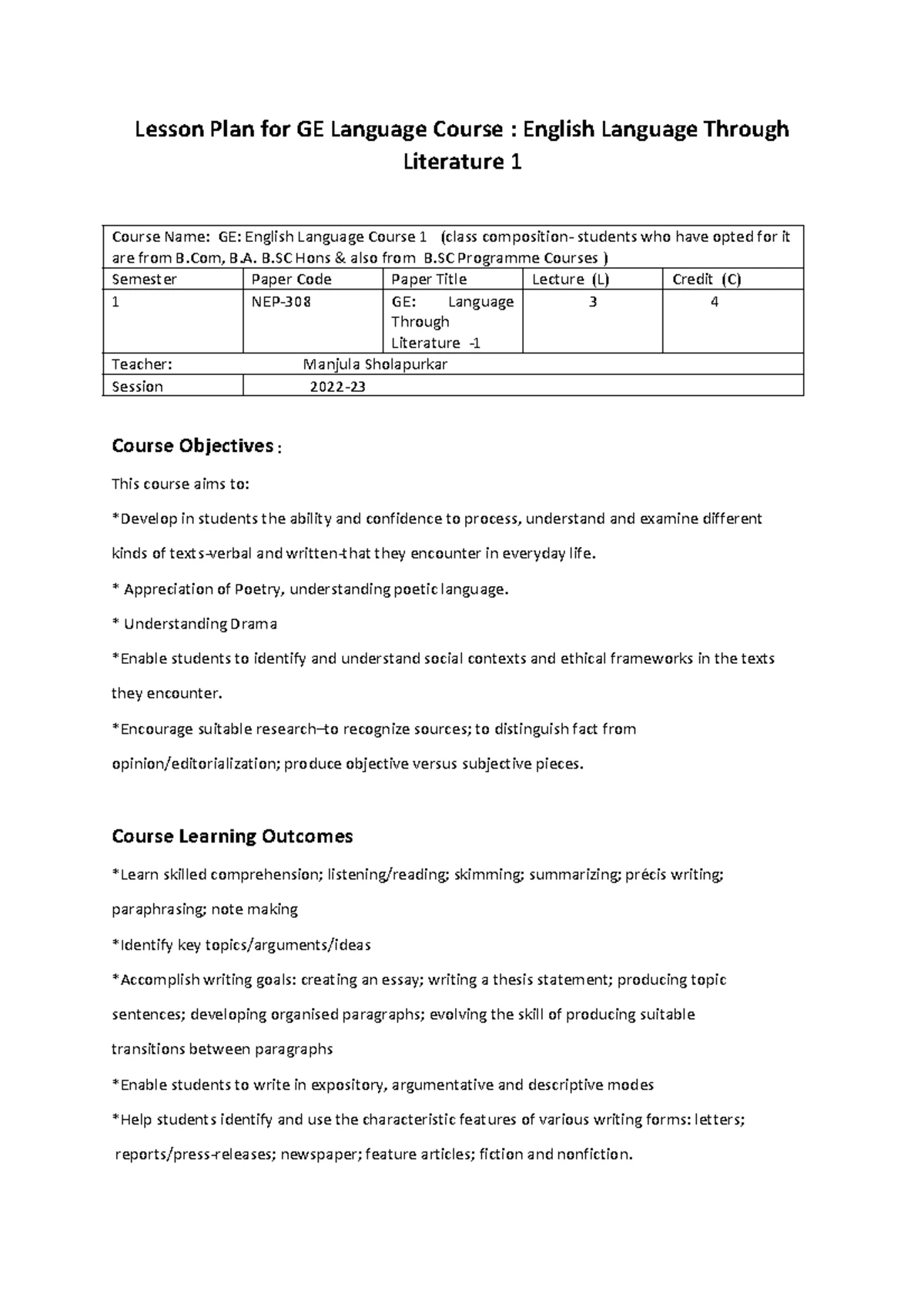 English Language Through Literature 2023 - PYQ Sample Paper - Studocu