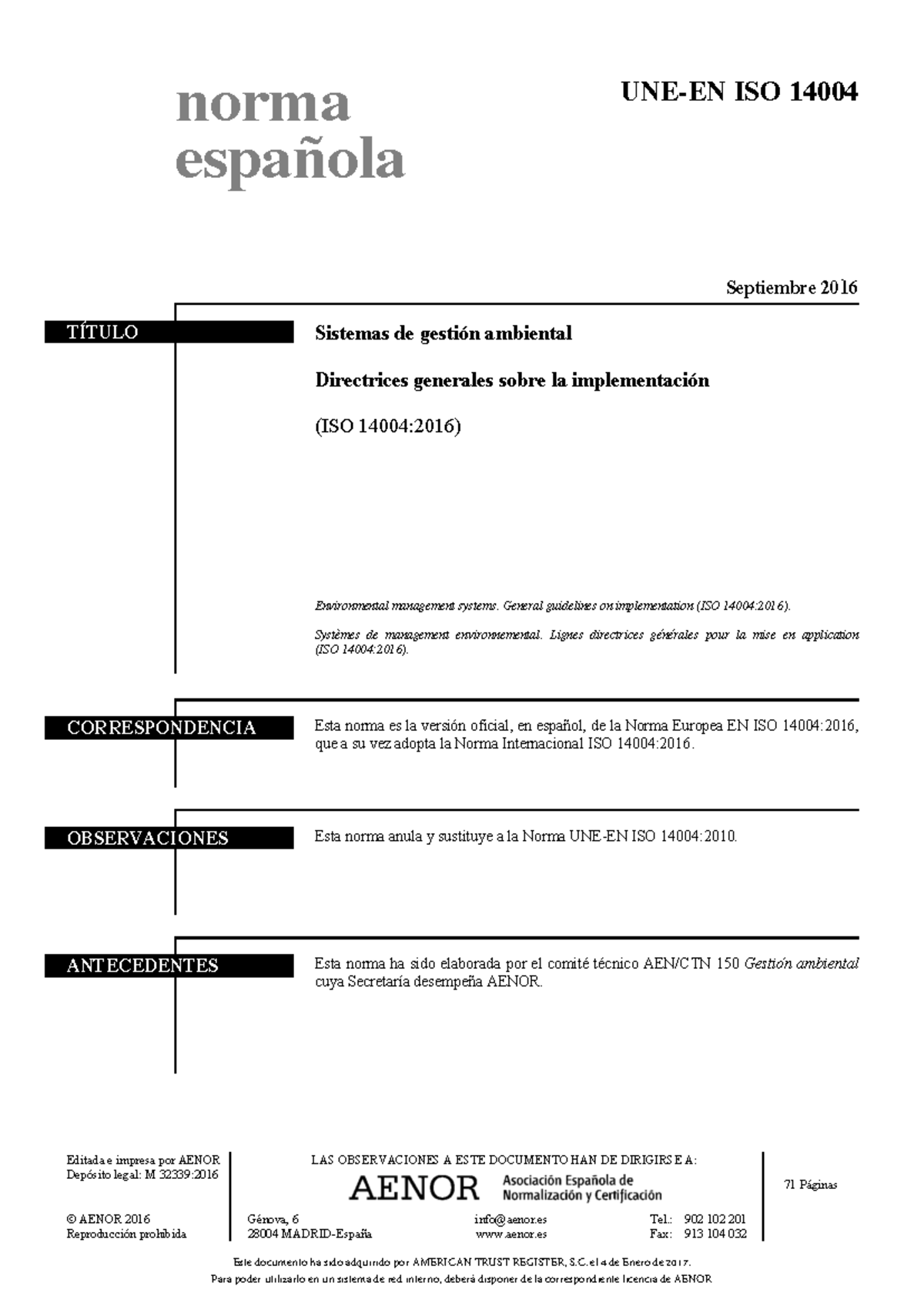 Guía de Implementación de Sistemas de Gestión Ambiental ISO 14004:2016 - Document Preview