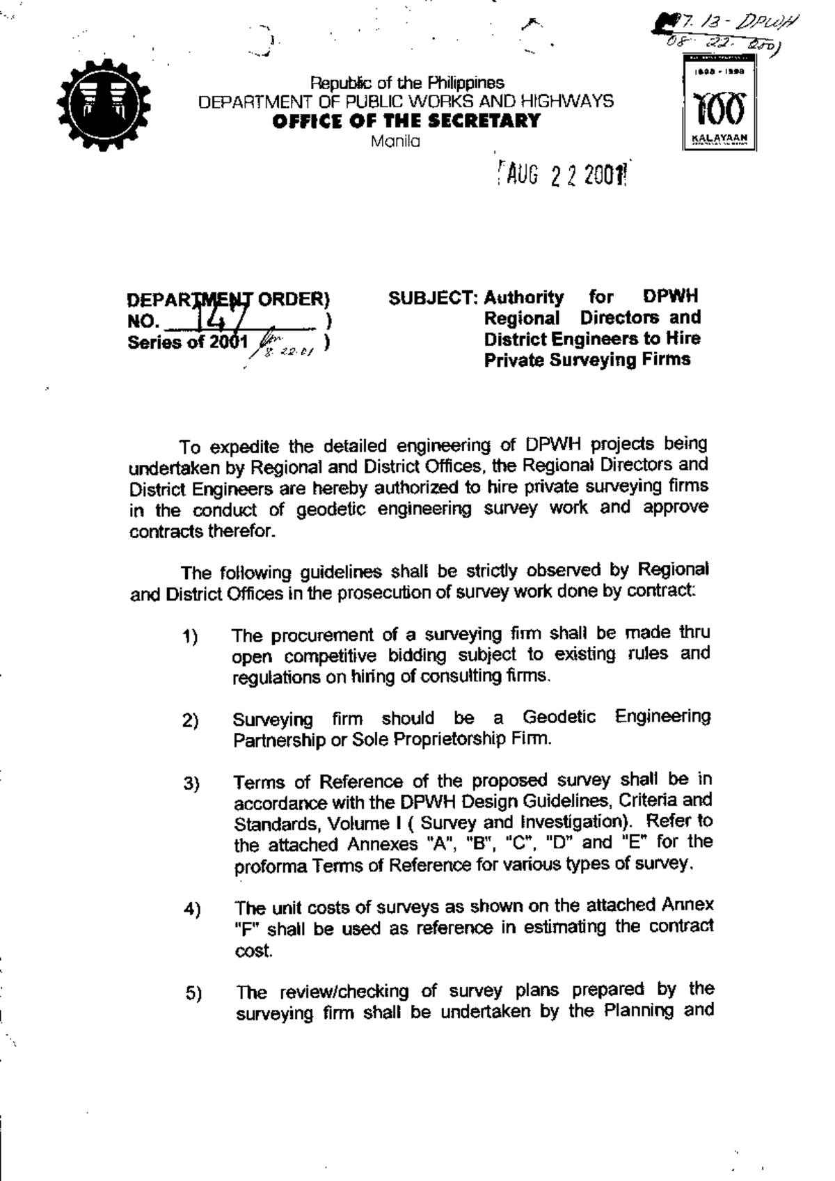 DPWH Order No. 147 S2001 - Guidelines for Hiring Survey Firms - Studocu