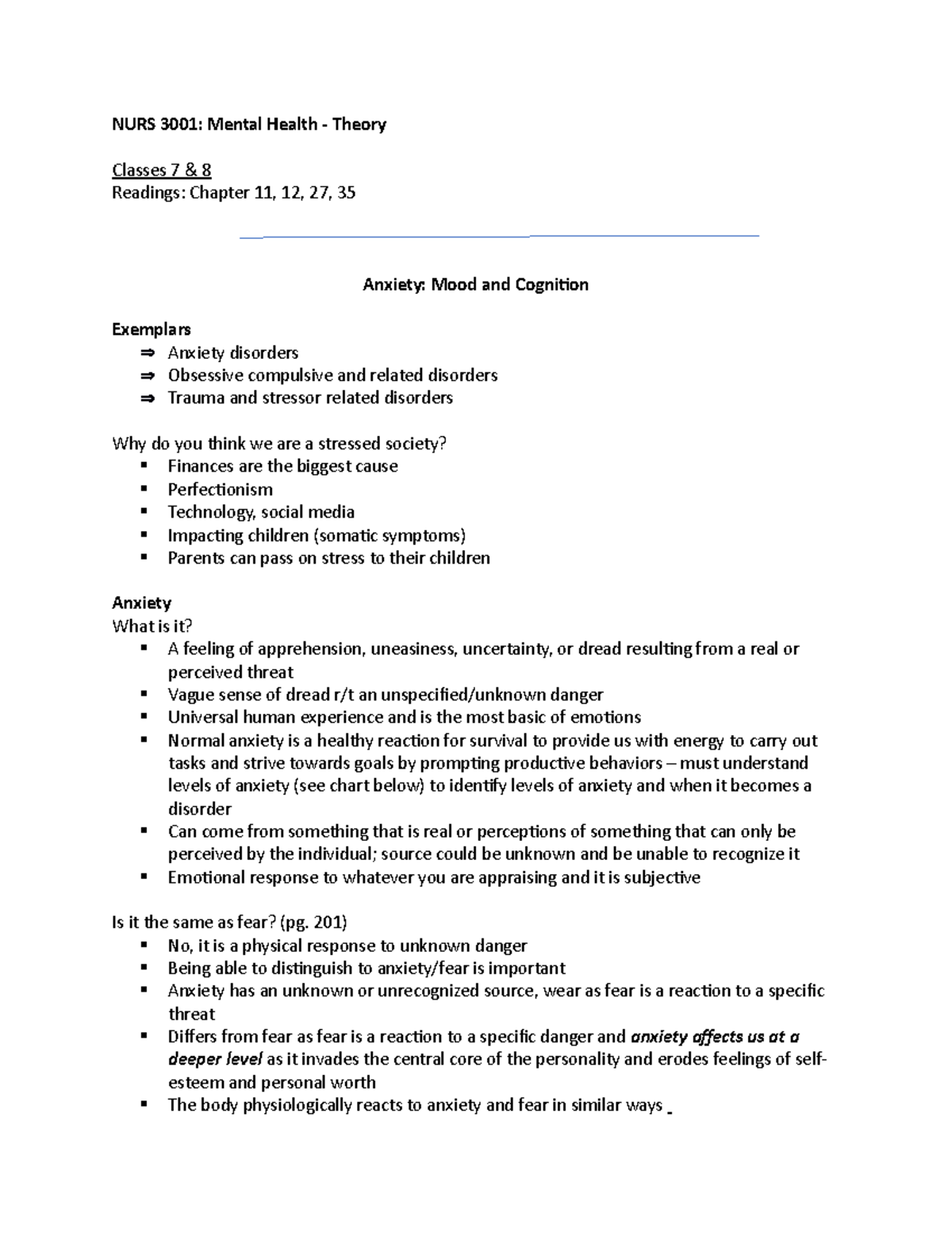 NURS 3001: Mental Health Lecture Notes on Anxiety Disorders - Studocu