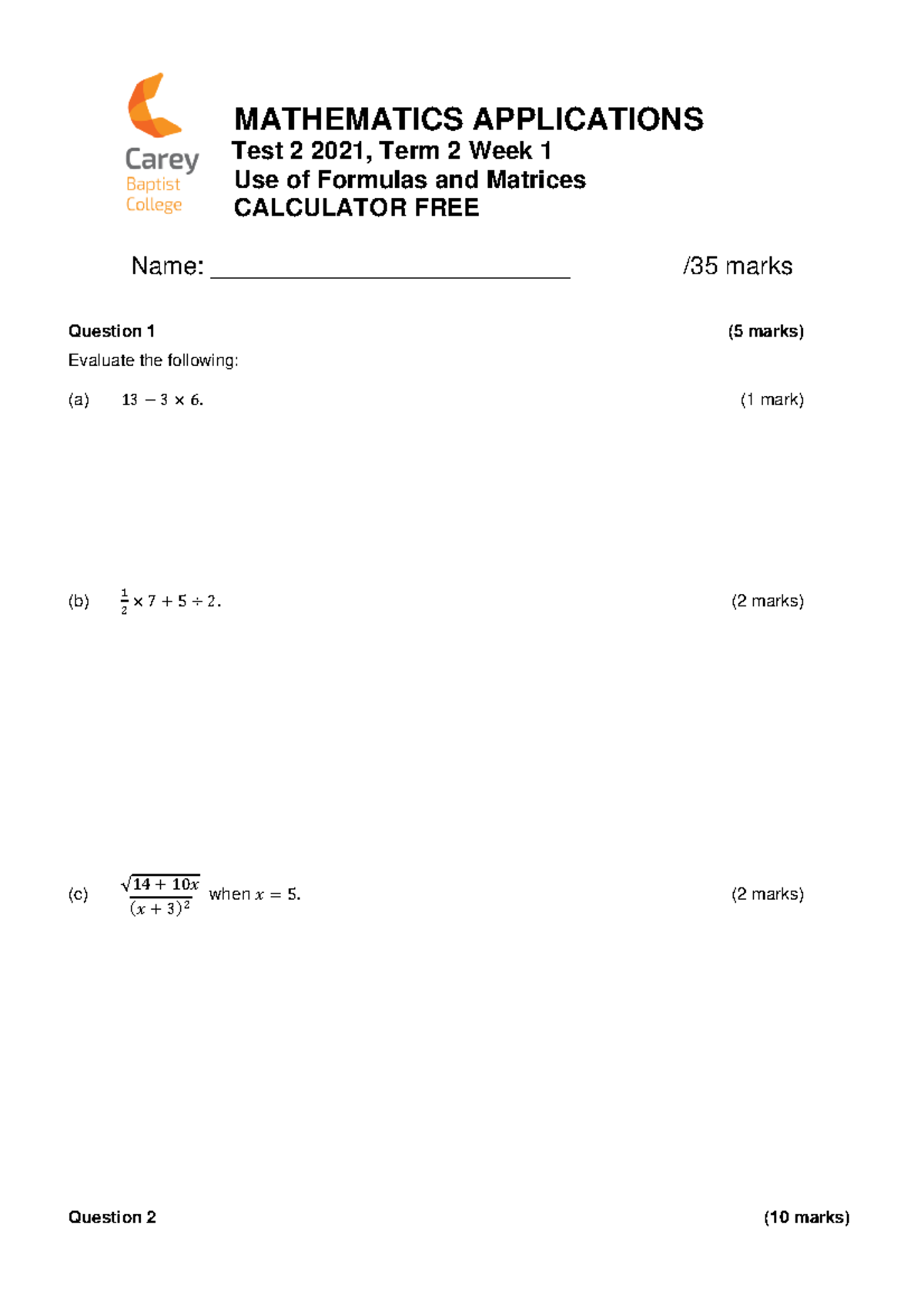 Test 2 Final Formulas & Matrices - Mathematics Applications 2021 - Studocu