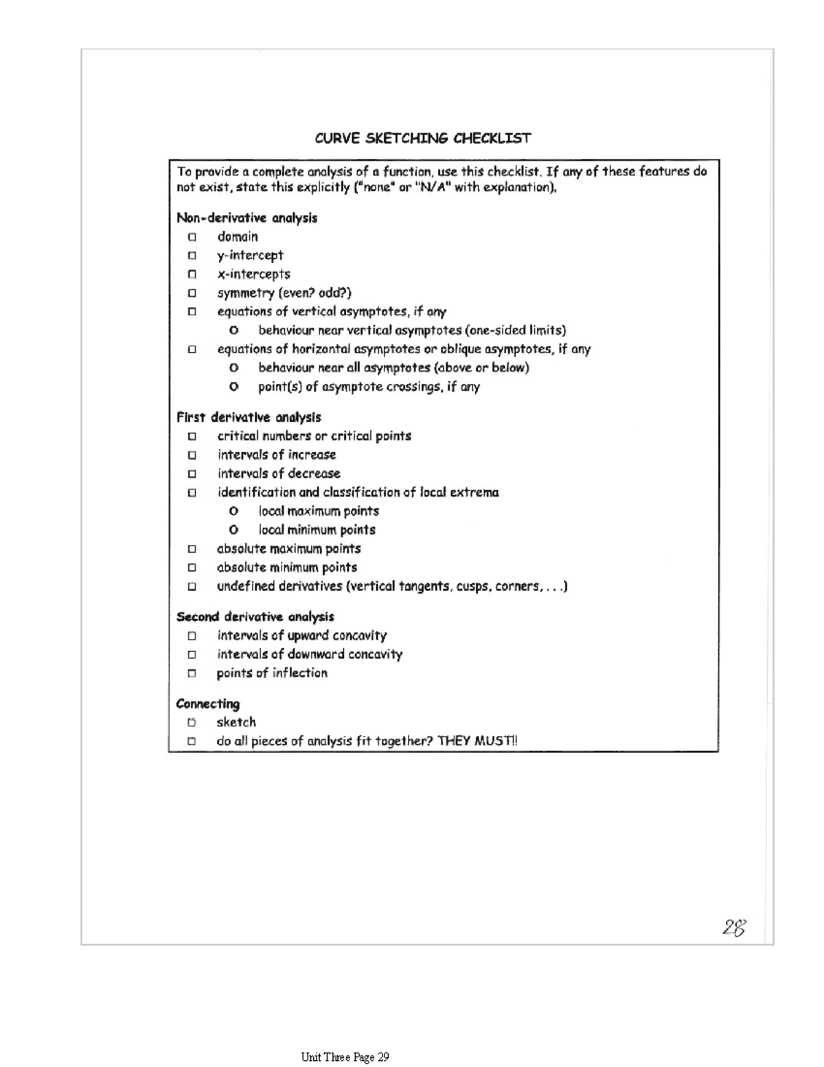MATH 101: Curve Sketching Checklist for Function Analysis - Studocu