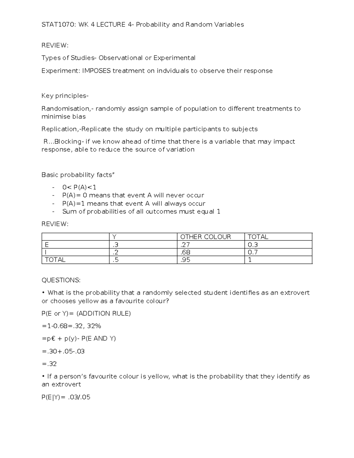 STAT1070: WK 4 LECTURE Review on Probability & Random Variables - Studocu