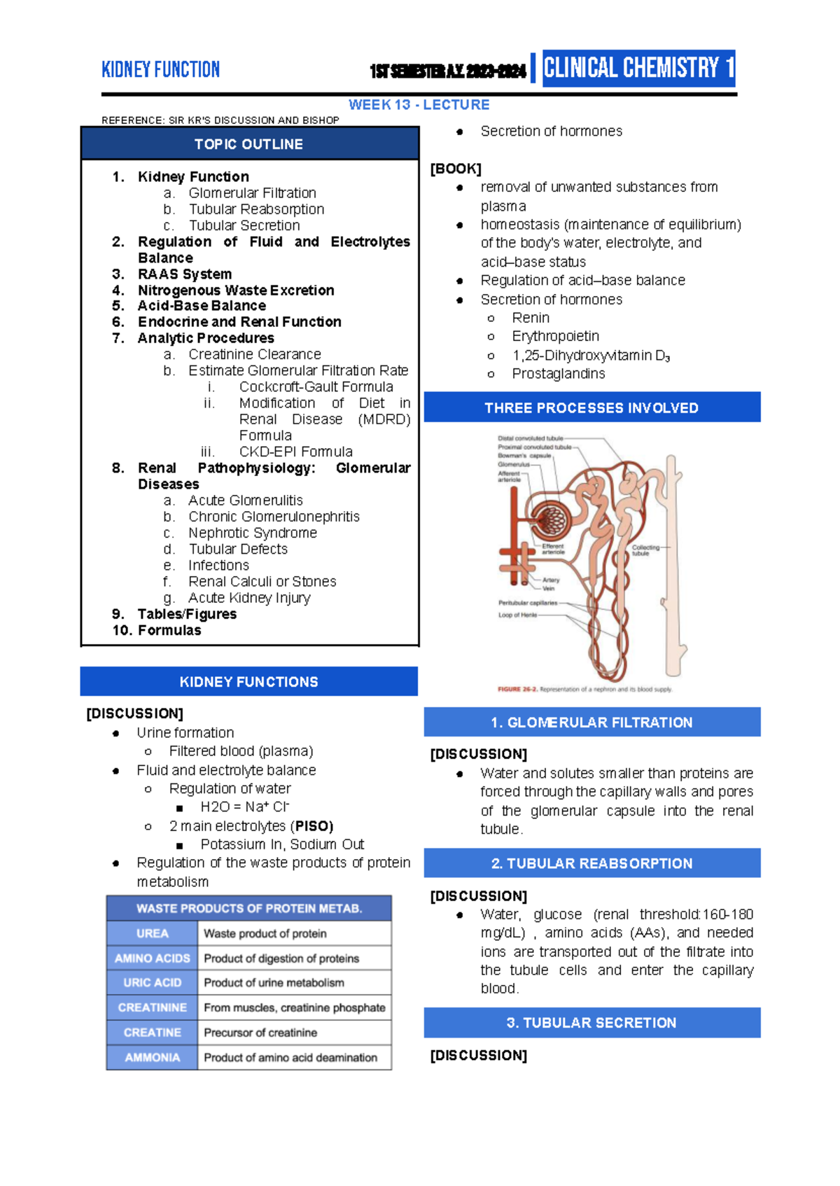 KIDNEY FUNCTION CLINICAL CHEMISTRY 1 1st Semester a.y. Week 13 Lecture ...