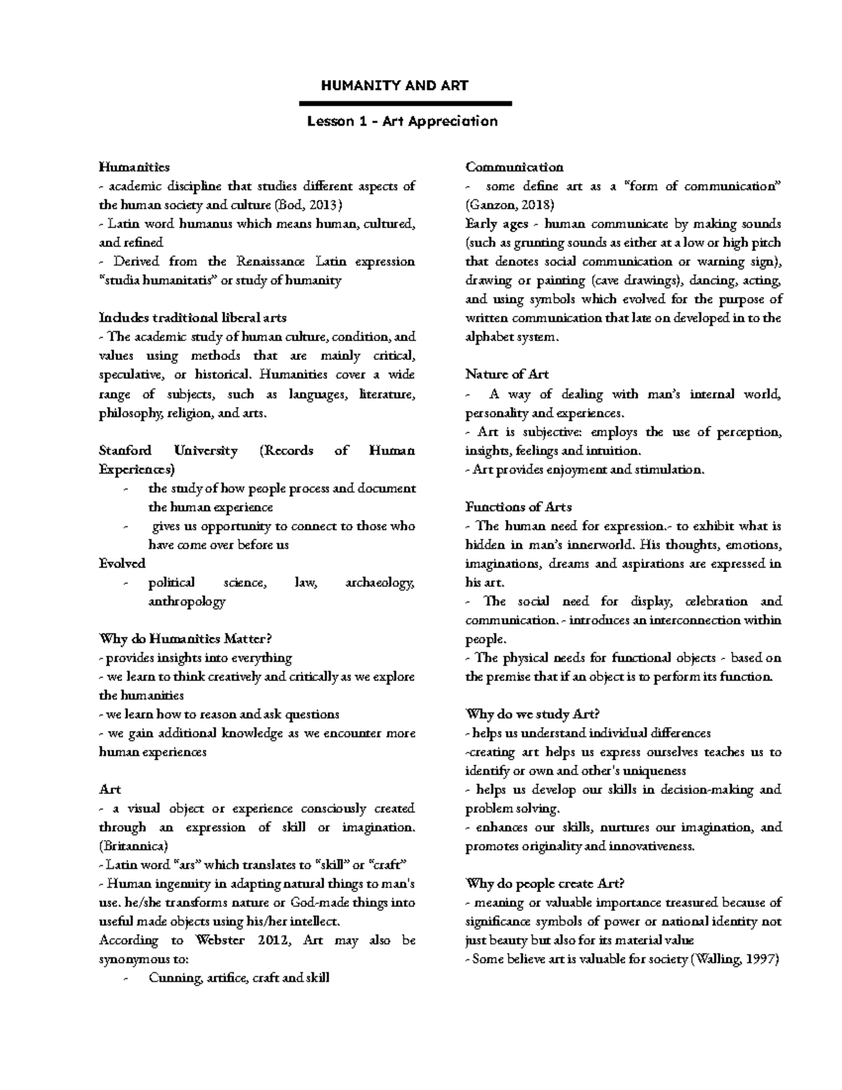 ART APP Midterm - Notes - HUMANITY AND ART Lesson 1 - Art Appreciation ...