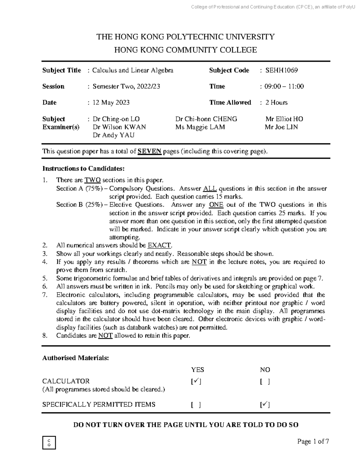Calculus and Linear Algebra Final Exam SEHH1069 - May 2023 - Studocu