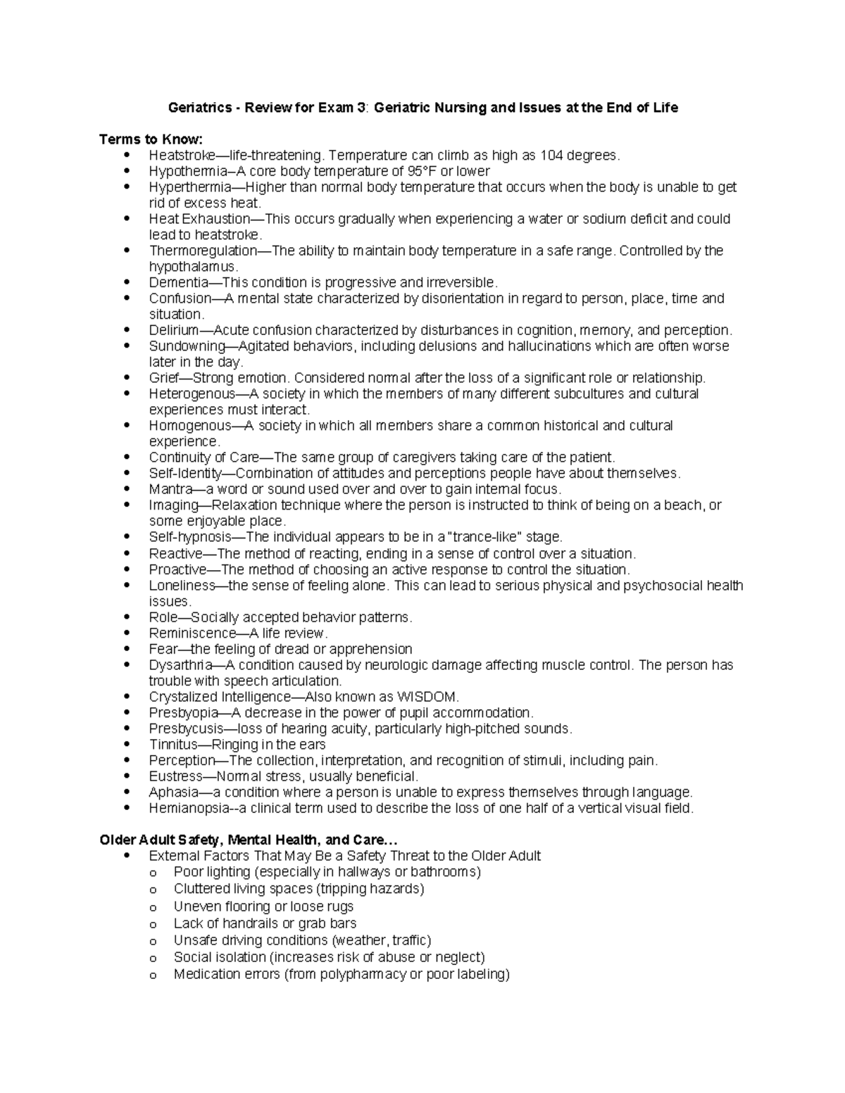Geriatrics Exam 3 Review: Key Concepts in Geriatric Nursing and Care ...