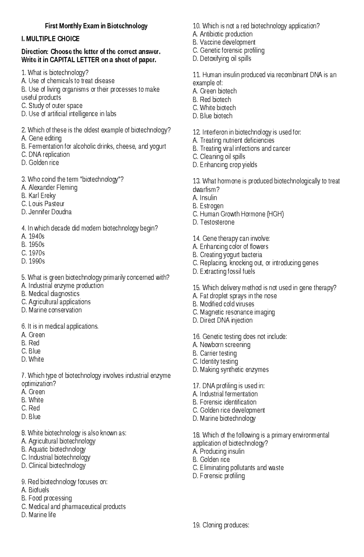 First Monthly Exam in Biotechnology (BIO101) - Multiple Choice ...