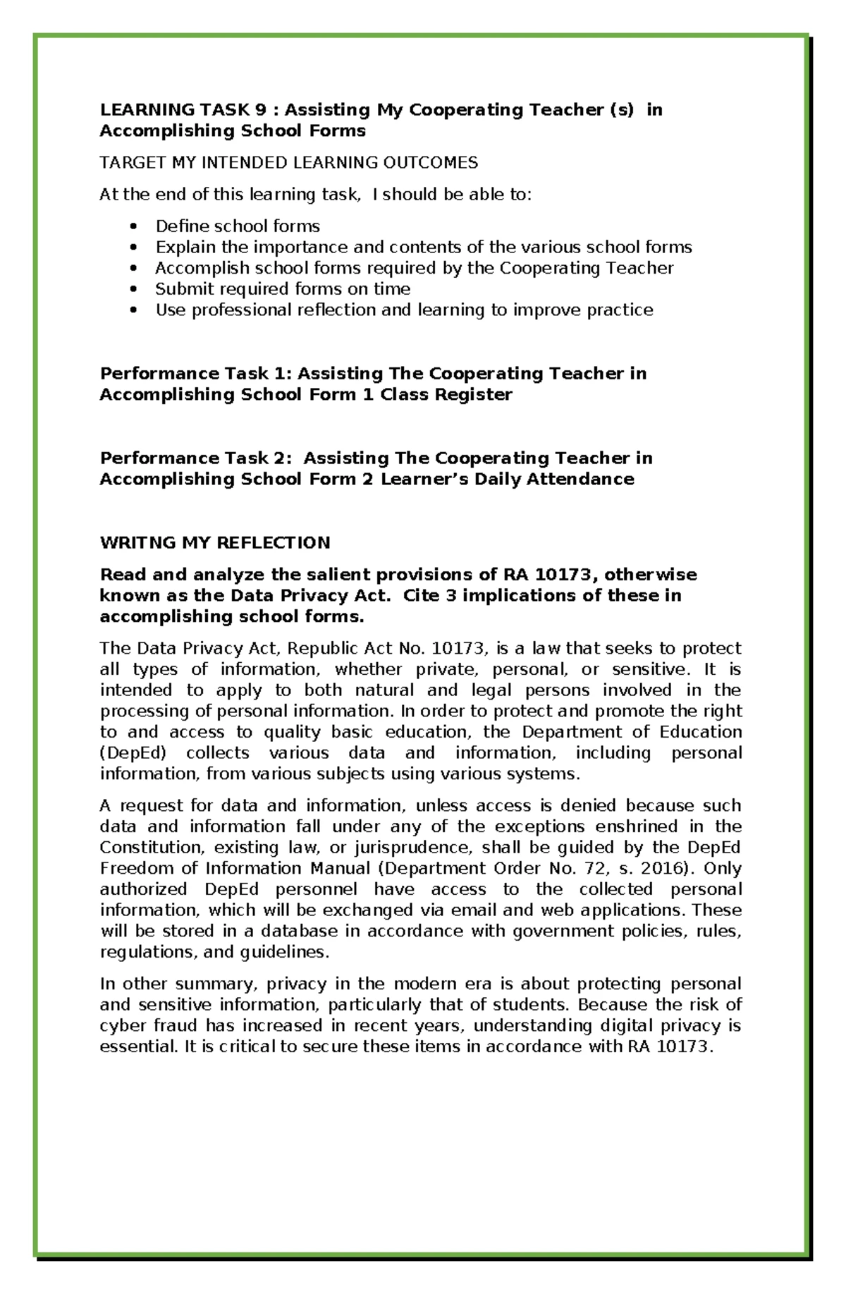 Learning Task 7: Assessment Practices for Teaching Internship - Studocu
