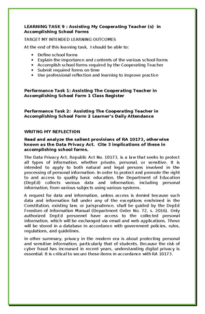 Learning Task 6: School Programs & Activities Reflection in Teaching ...