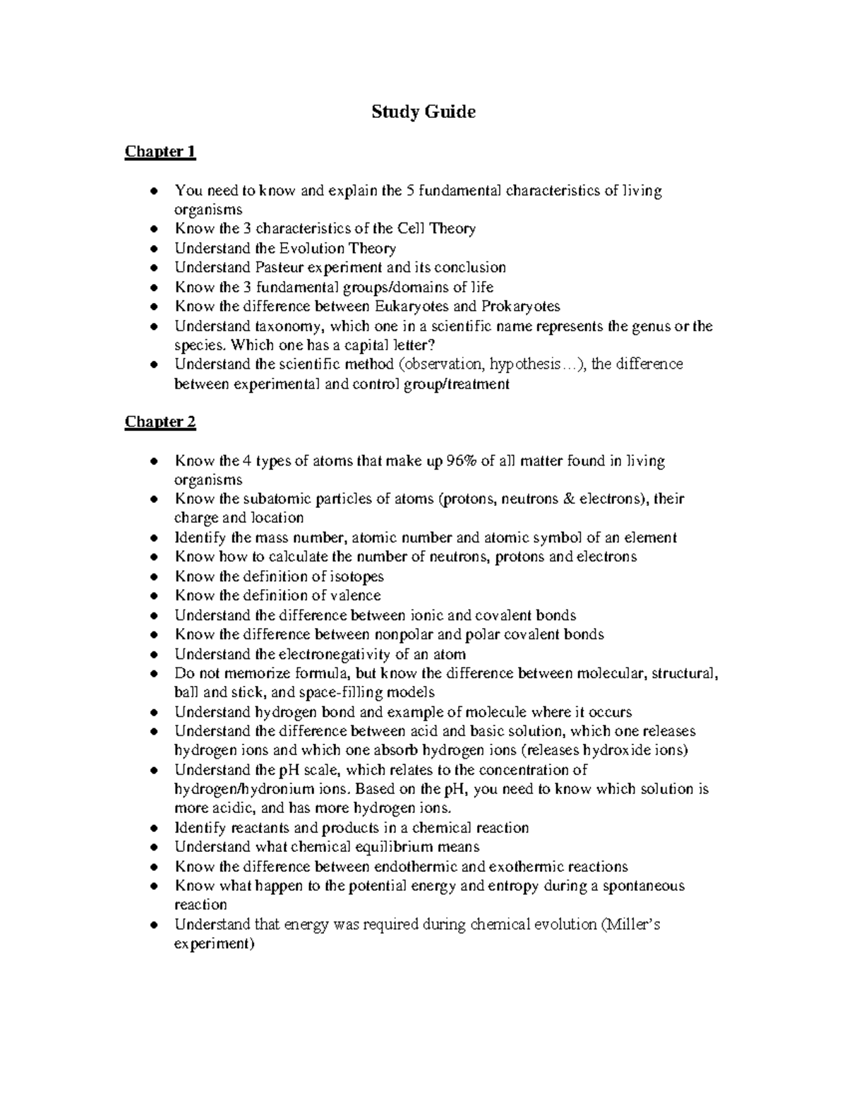 Biology Study Guide: Key Concepts from Chapters 1 & 2 - Studocu