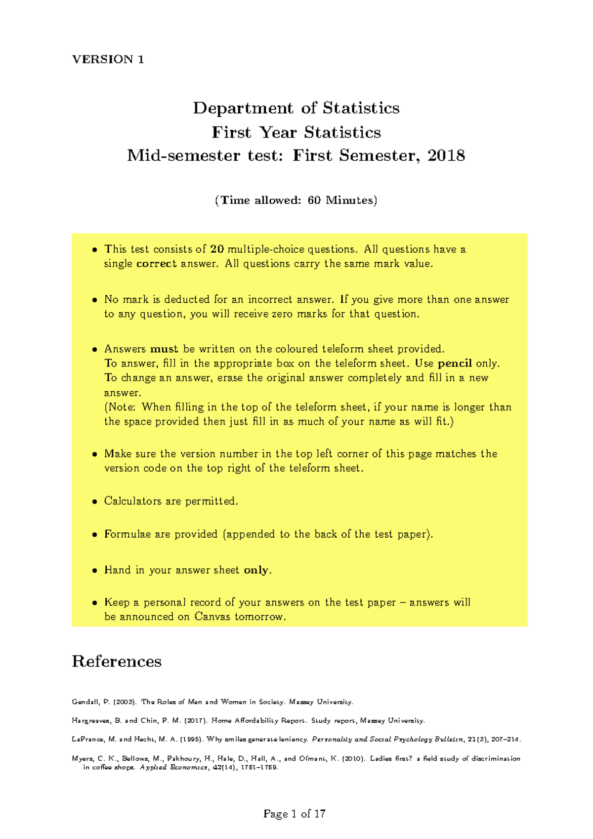 Test 1 May 2018, questions and answers - VERSION 1 Department of ...