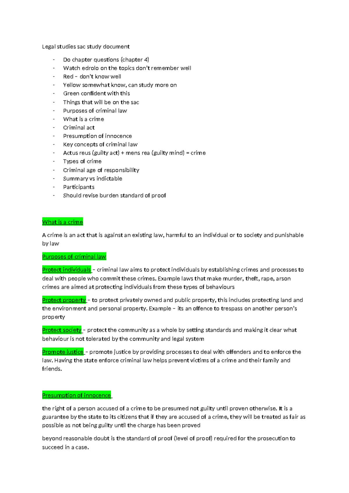 Legal Studies SAC Study Notes: Key Concepts in Criminal Law - Studocu
