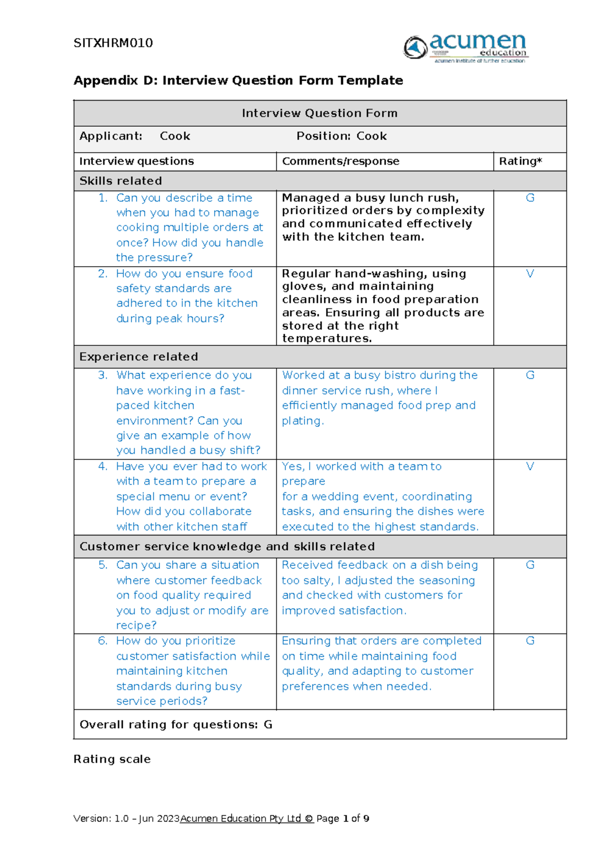 SITXHRM010 Final Exam: Interview Question Form Template for Culinary ...