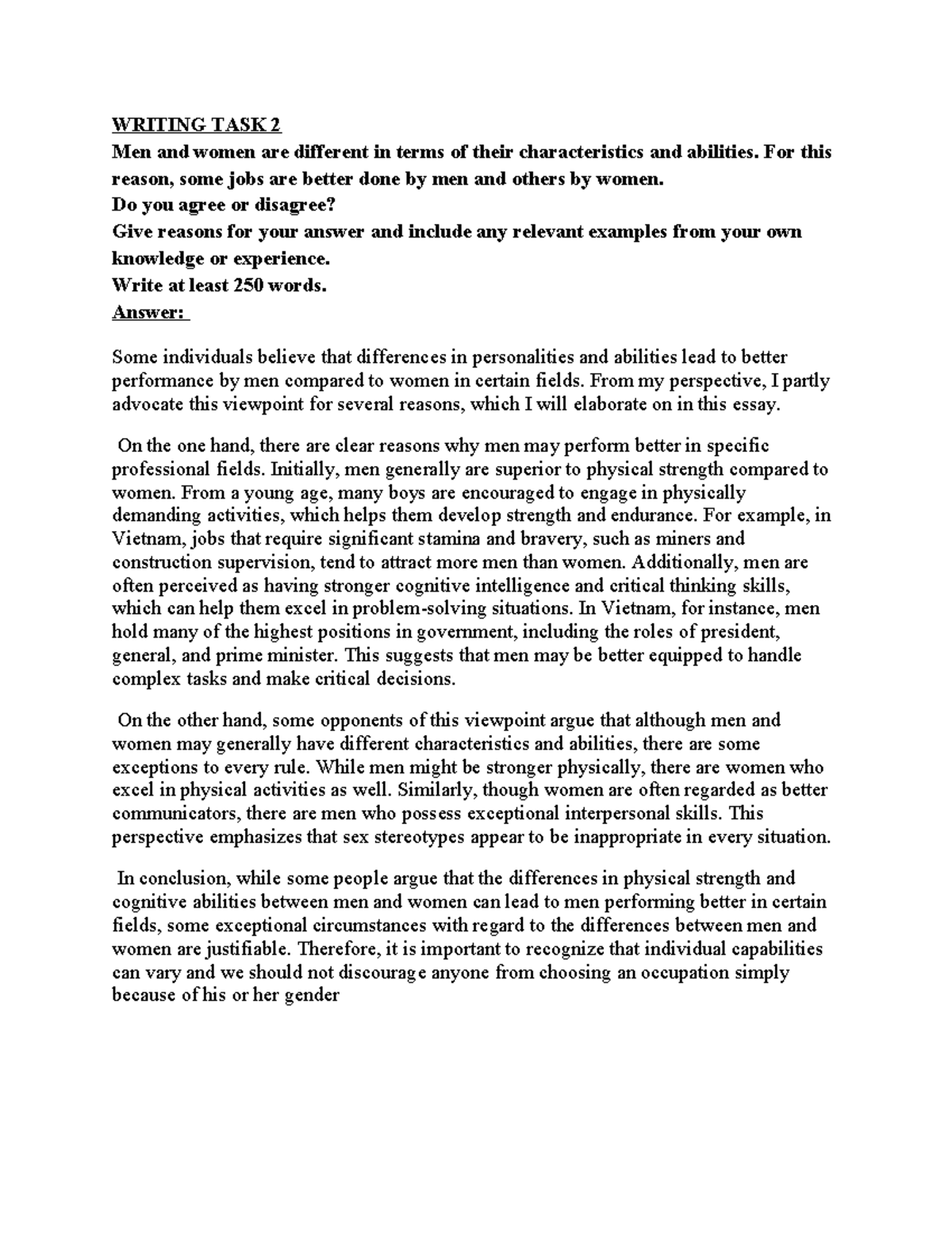 Writing Task 2: Gender Roles in Job Performance (29 8 2024) - Studocu
