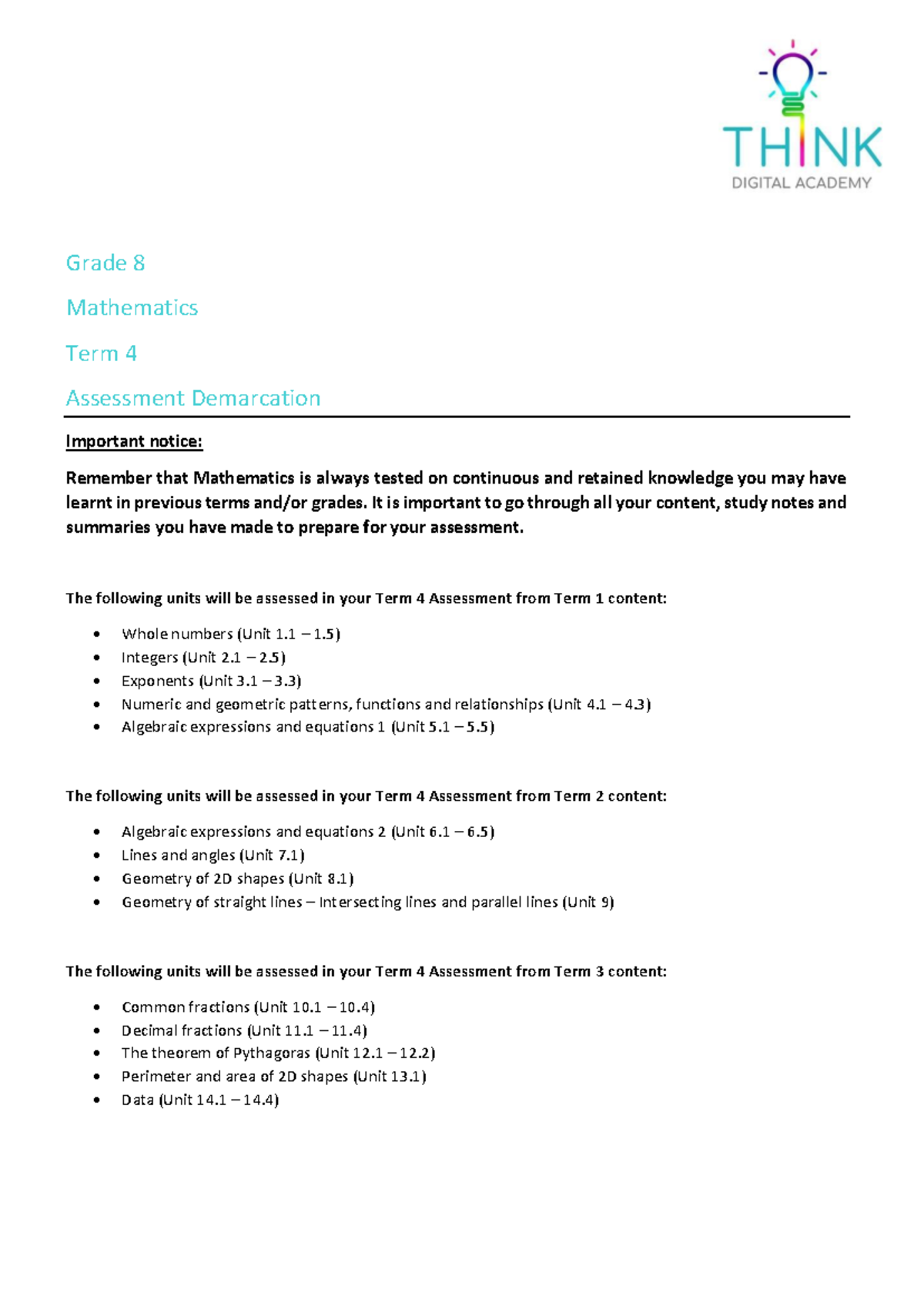 Grade 8 Mathematics Term 4 Assessment Demarcation Guide - Studocu