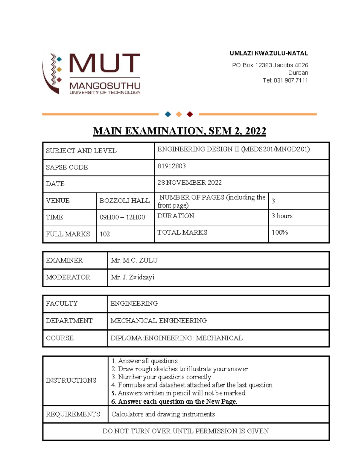 Mechanical Engineering Design II Final Exam 2, SEM 2, 2022 - Studocu