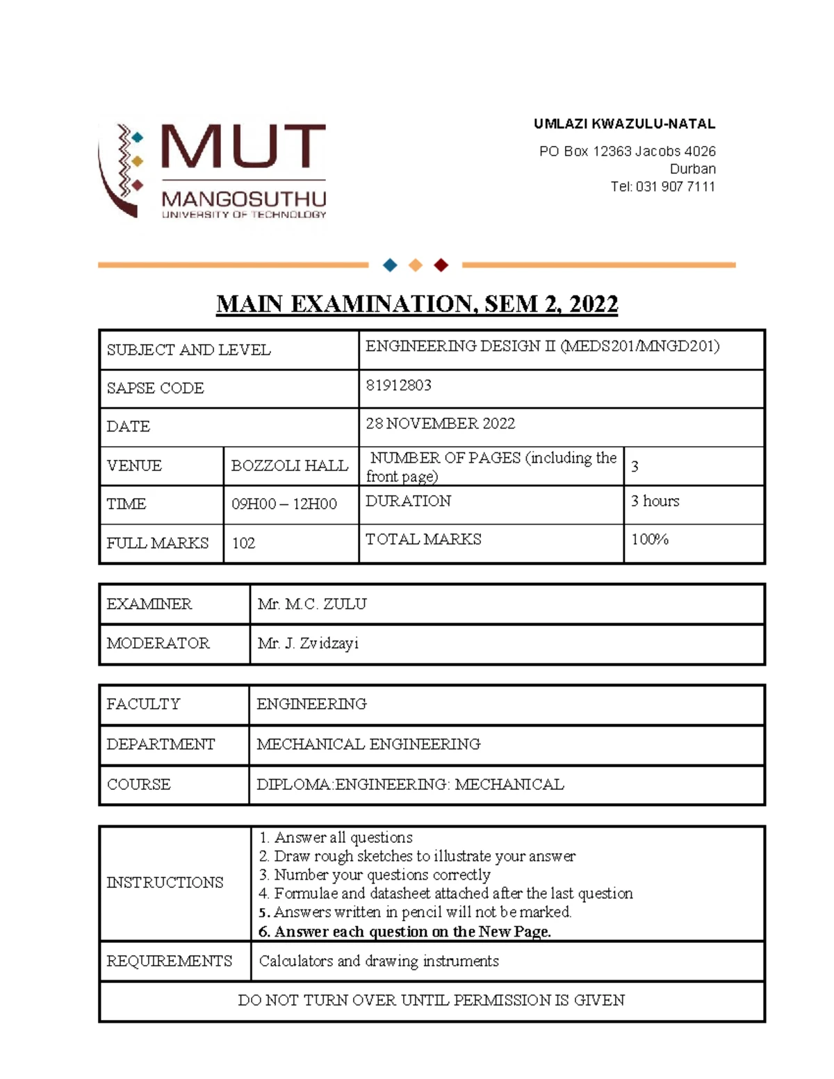 Mechanical Engineering Design II (MEDS201/MNGD201) Test 1, Sem 1, 2022 ...