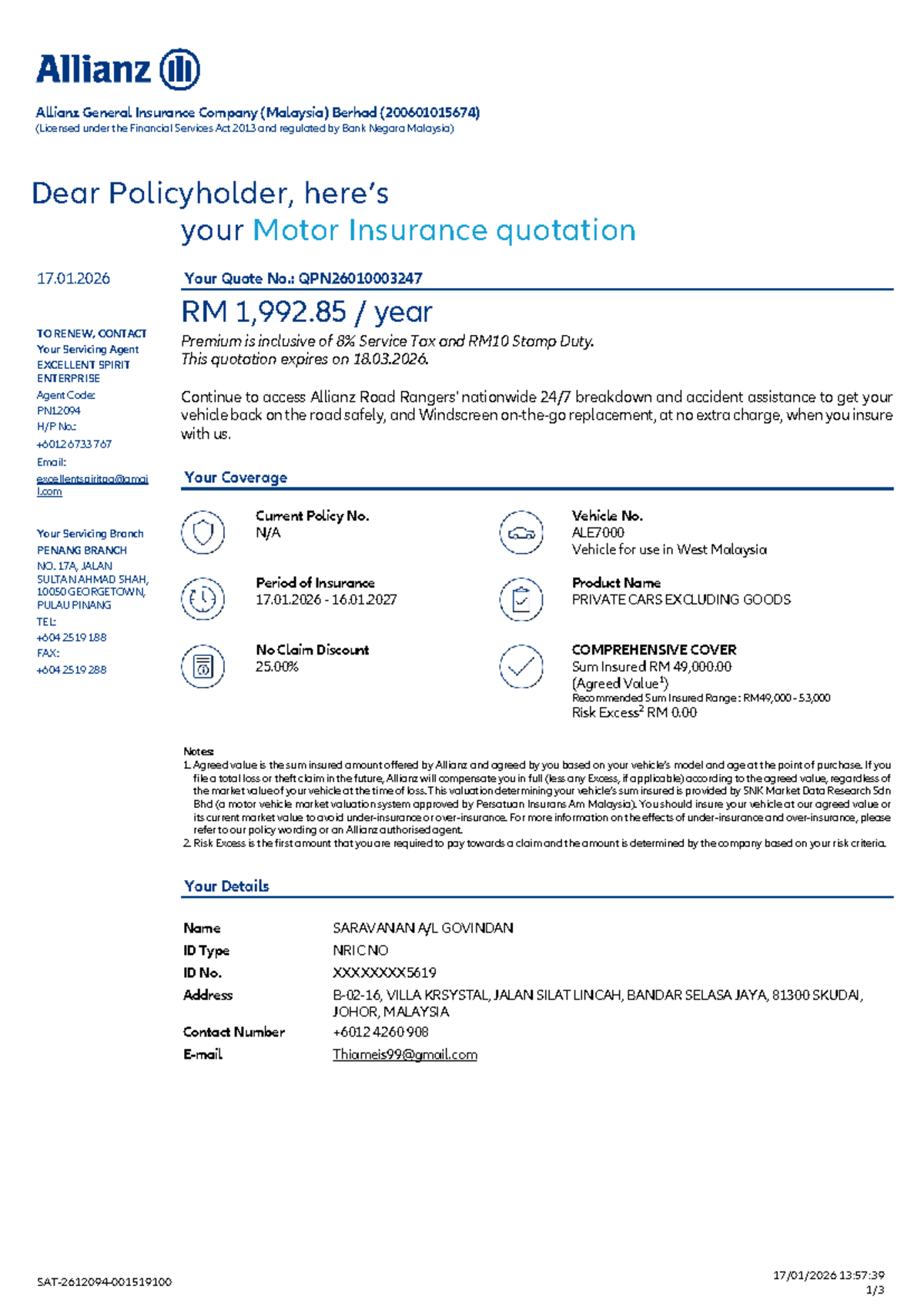 Allianz Motor Insurance Quotation (Private Cars) - Renewal 2026 - Studocu