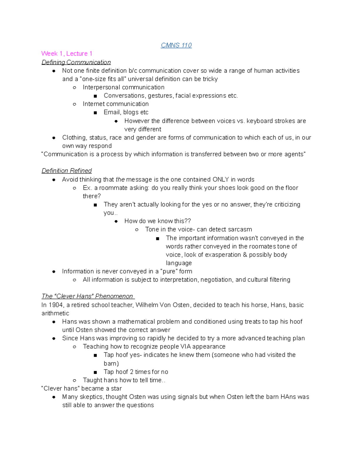 CMNS 110 - Lecture Notes on Communication Models and Theories (Weeks 1 ...
